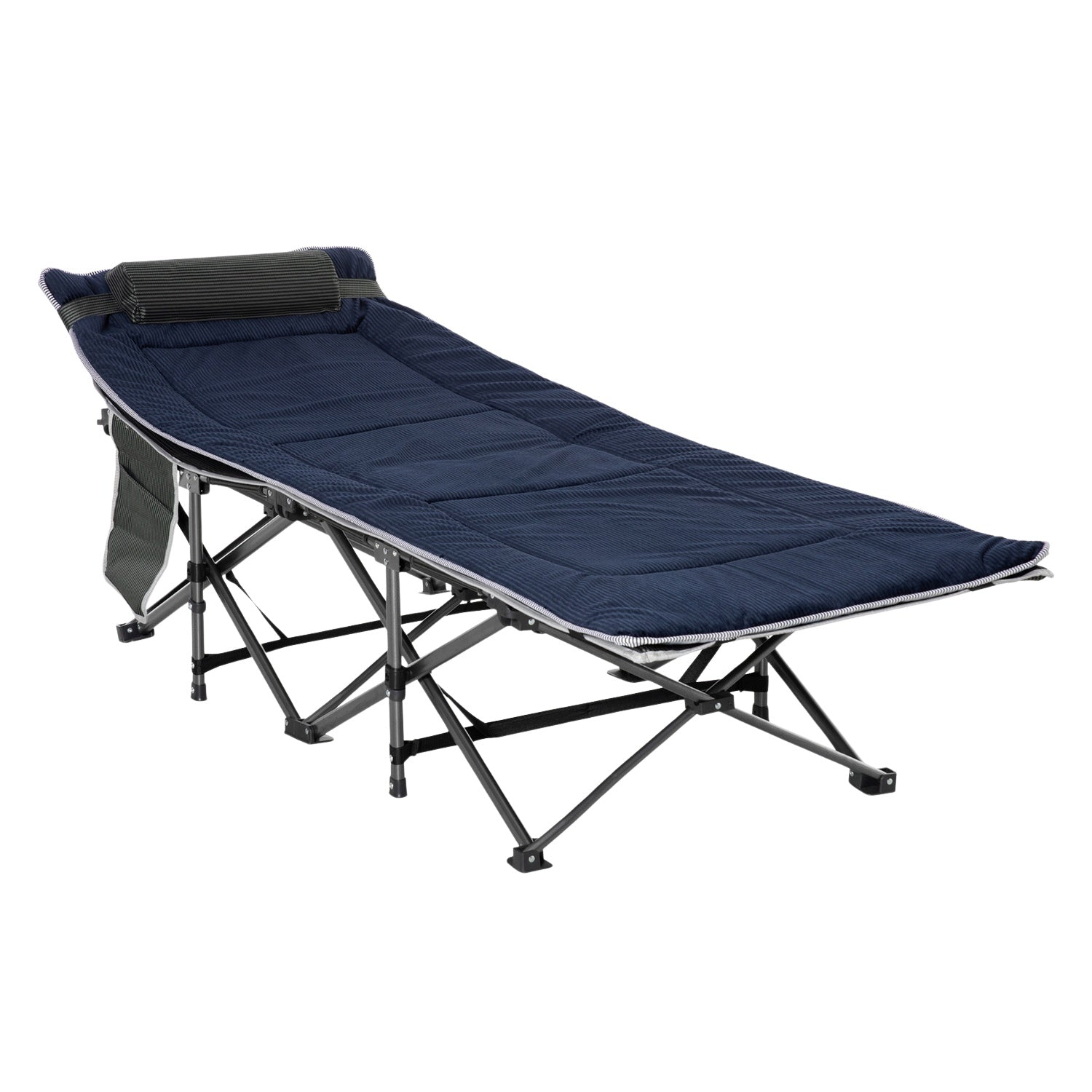Bärbar hopfällbar campingsäng med kudde och sidoficka