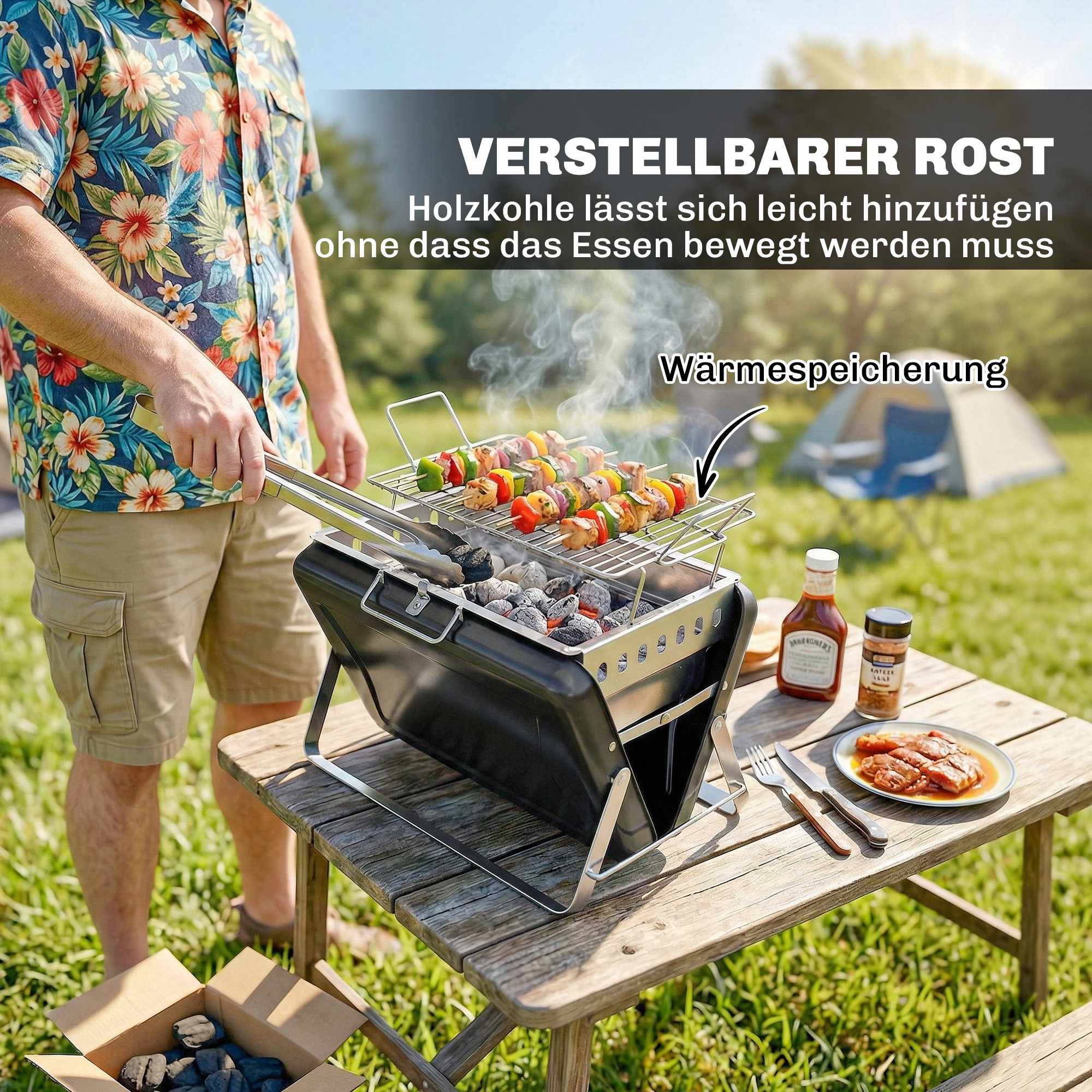 Bärbar kolgrill i rostfritt stål, fällbara ben, 40x28x25,5 cm