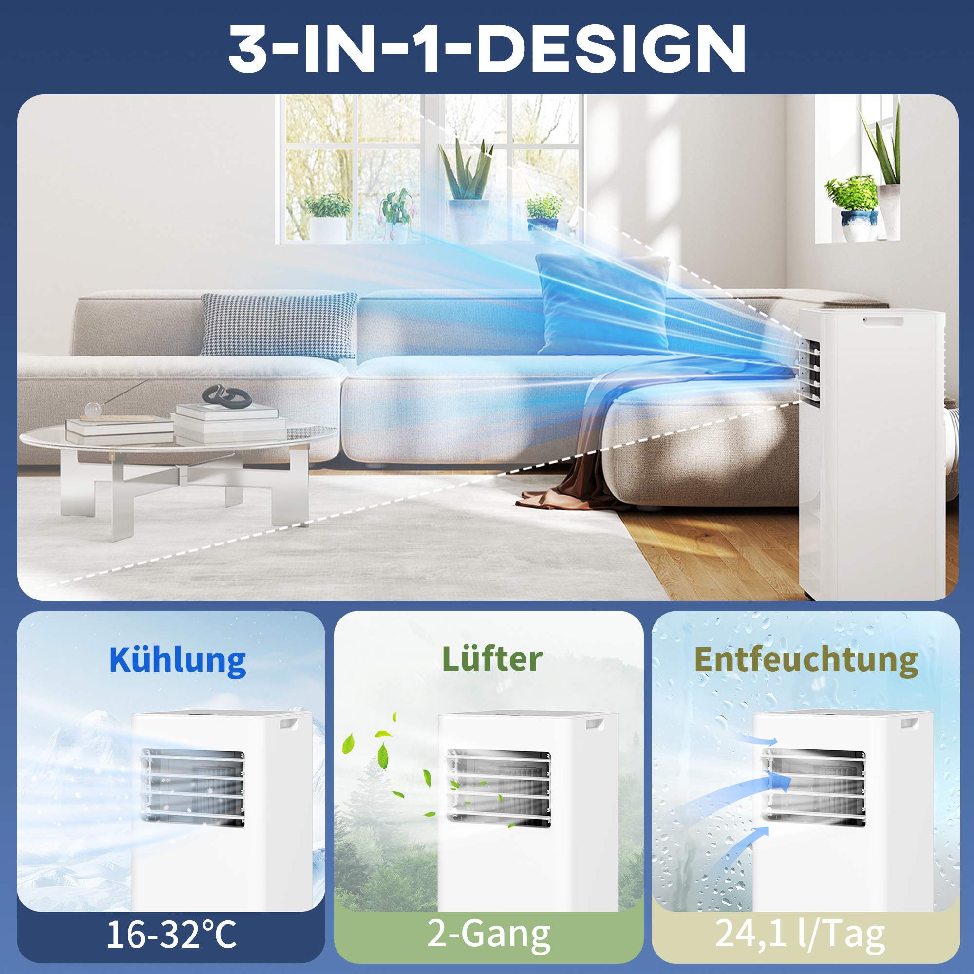 Bärbar luftkonditionering, 3-i-1, 9 000 BTU, tvättbart filter