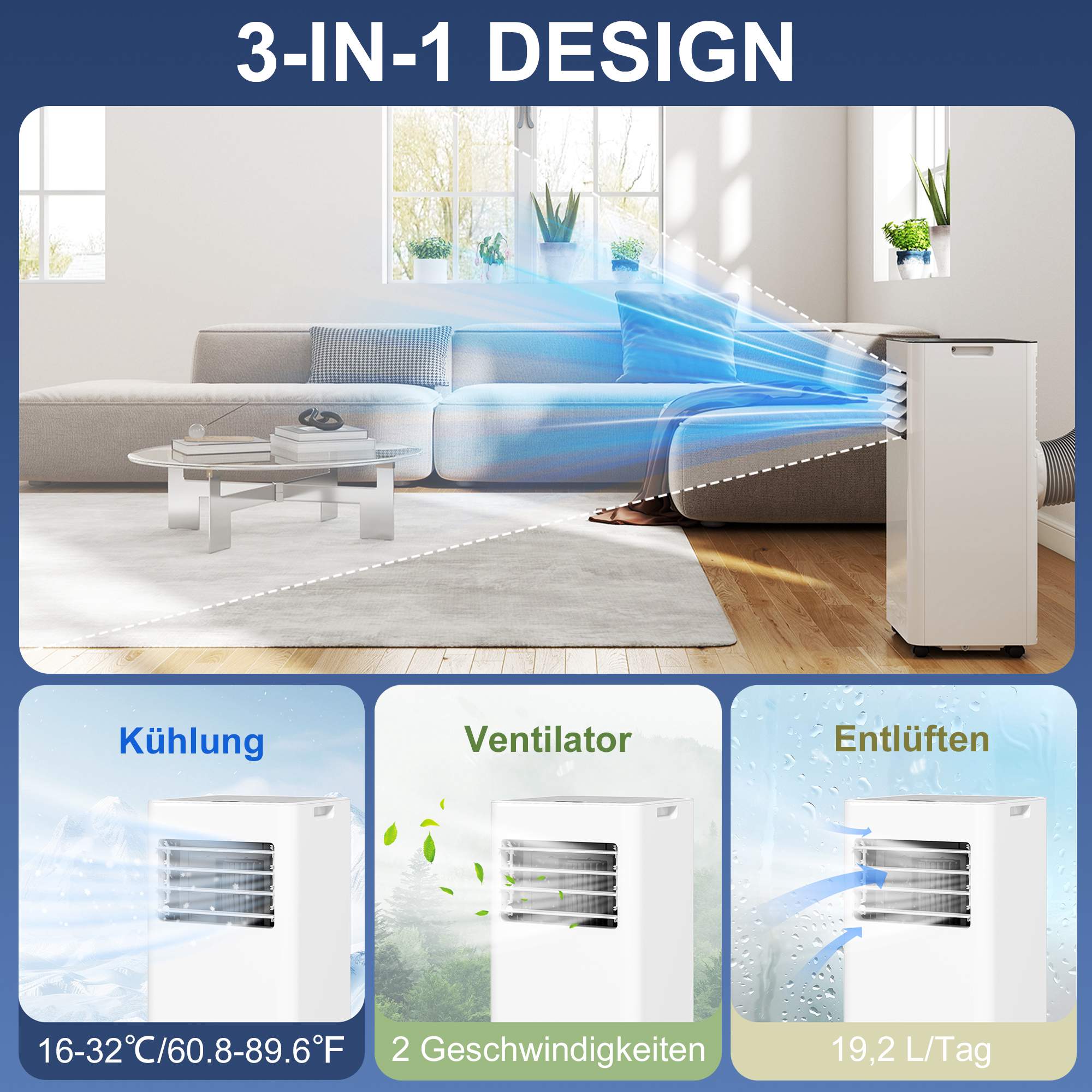 Bärbar luftkonditionering, 7 000 BTU, 3-i-1-system