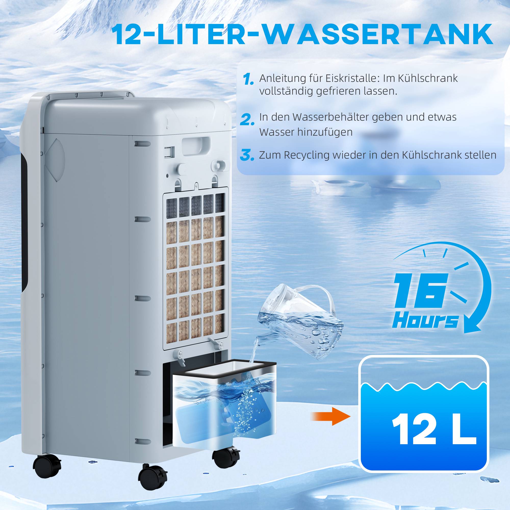 Bärbar luftkylare med kylbox, 3 lägen, 12 liters tank
