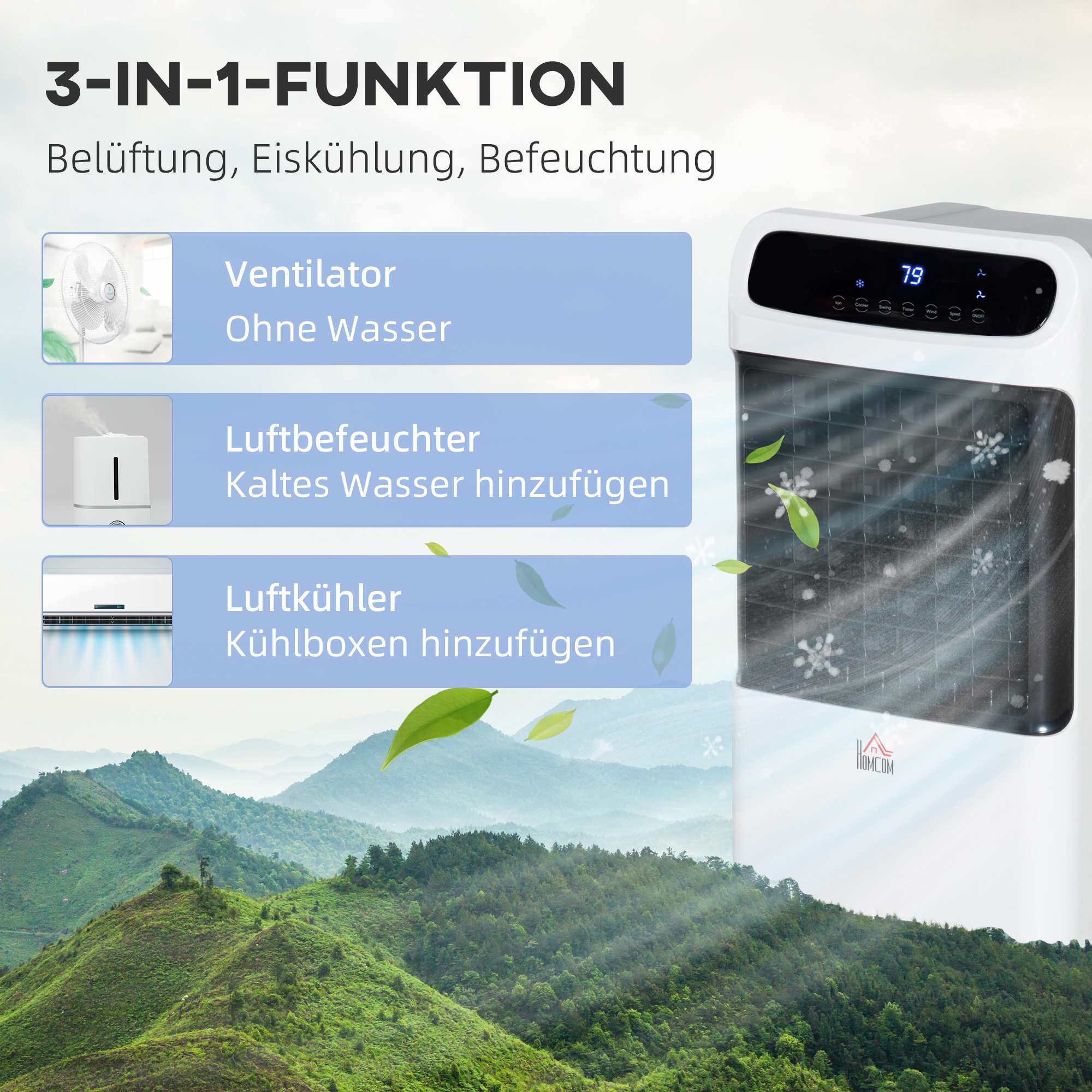Bärbar luftkylare med kylbox, 3 lägen, 12 liters tank