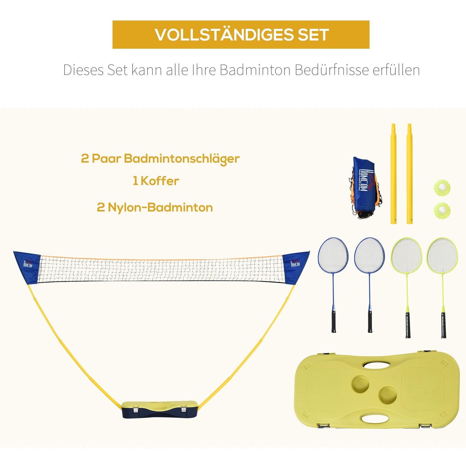 Bärbart badmintonnätset med 4 racketar, utomhusbruk