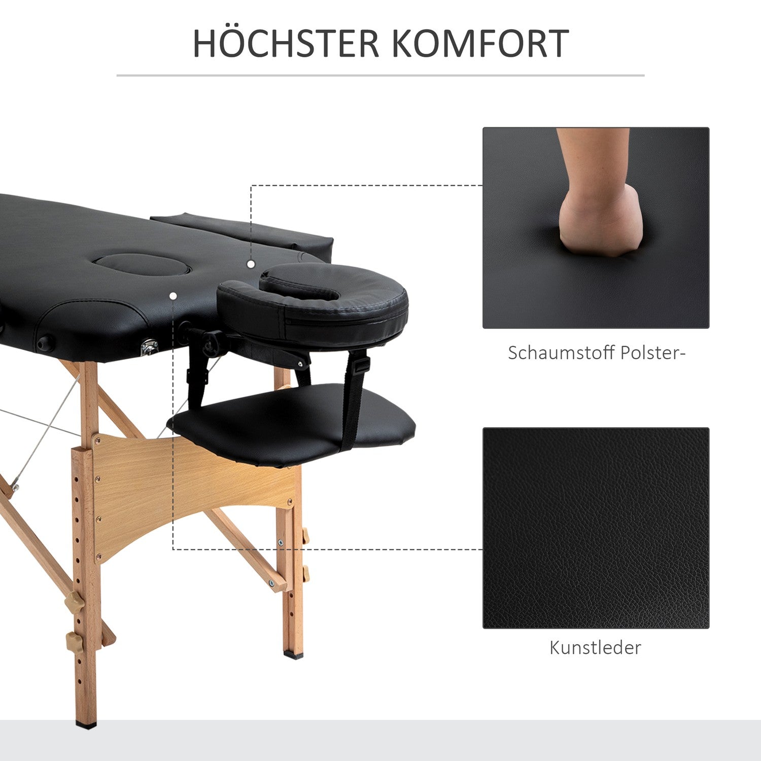 Bärbart hopfällbart massagebord, justerbar höjd, svart
