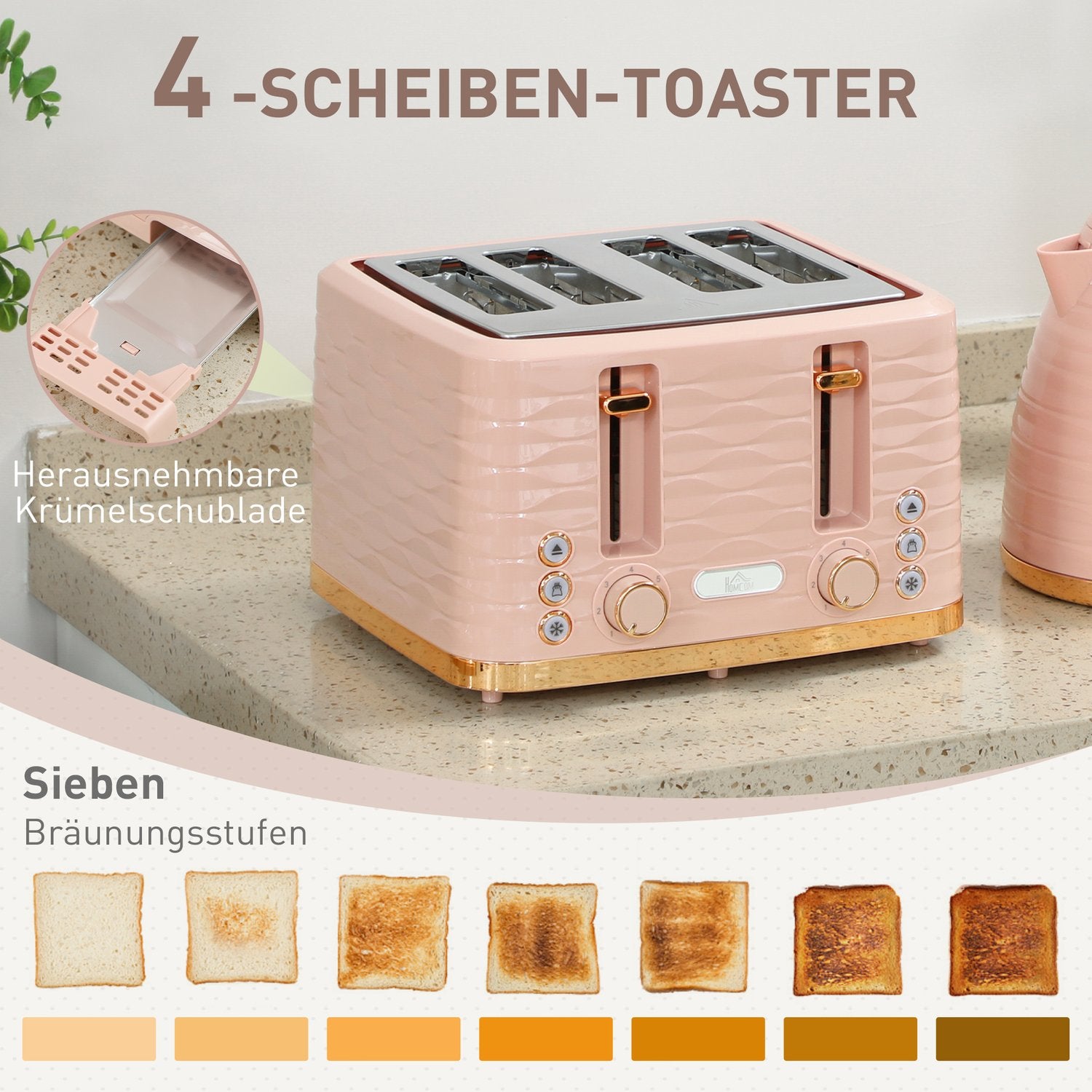 Brödrost- och vattenkokareset, 7 bryningsnivåer, rosa