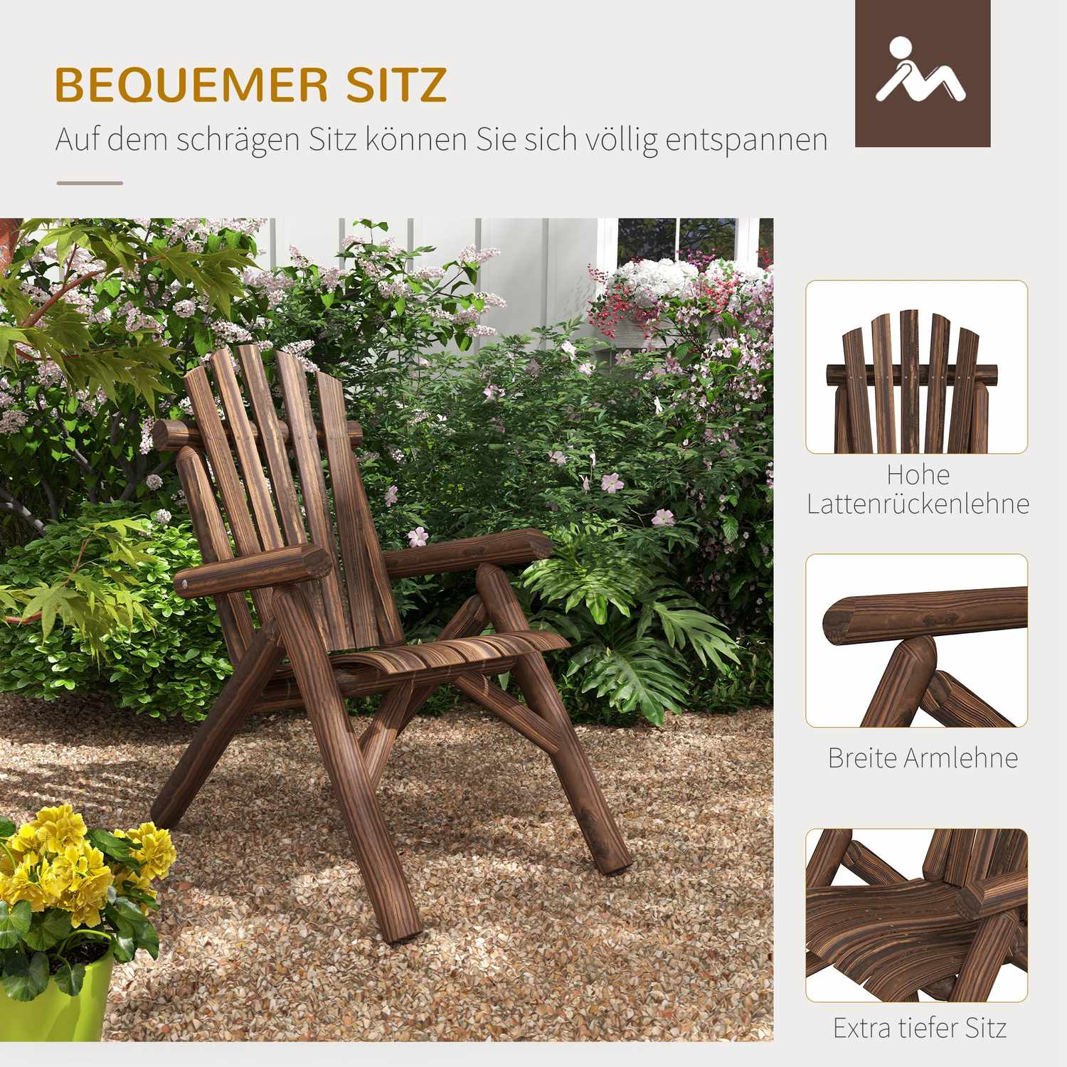 Brown Fir Wood Adirondack Trädgårdsstol med armstöd