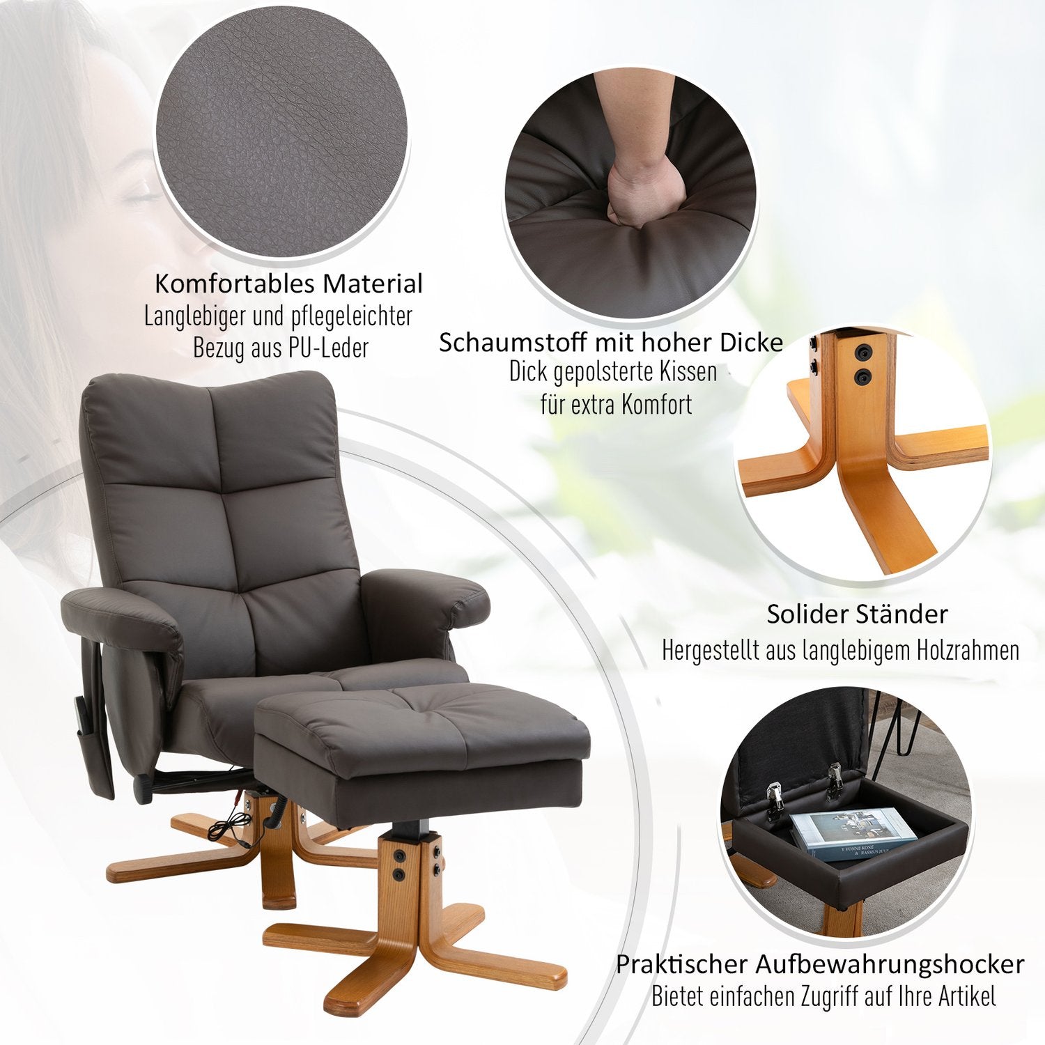 Brun avslappningsstol i konstläder med massage och pall