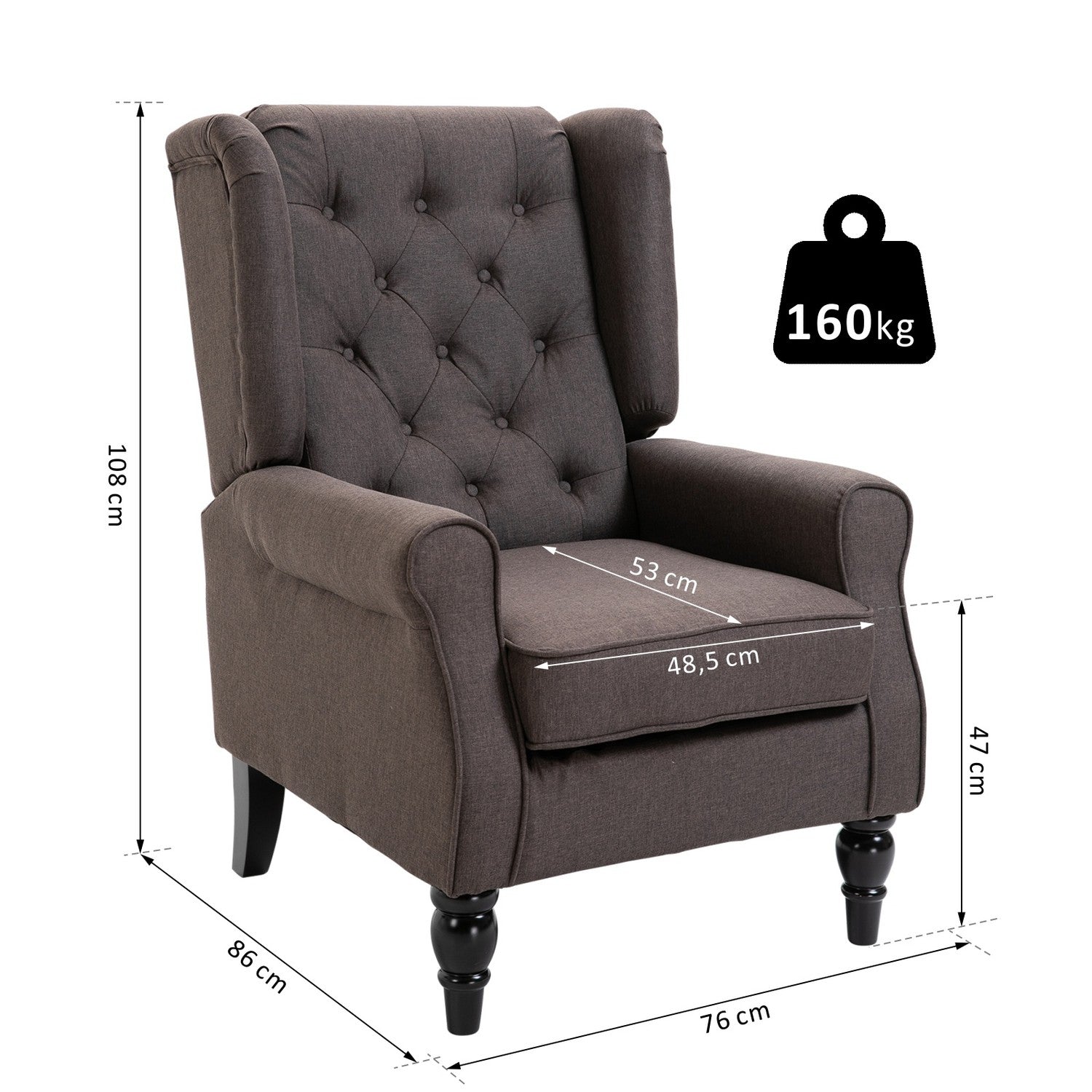 Brun polyester relaxstol, tuftad, 76x86x108 cm