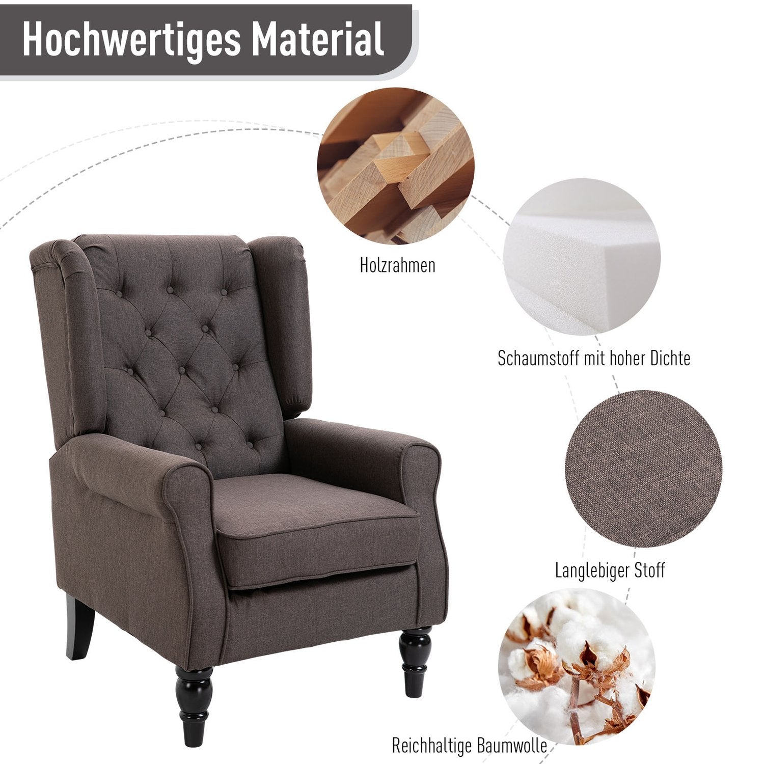 Brun polyester relaxstol, tuftad, 76x86x108 cm
