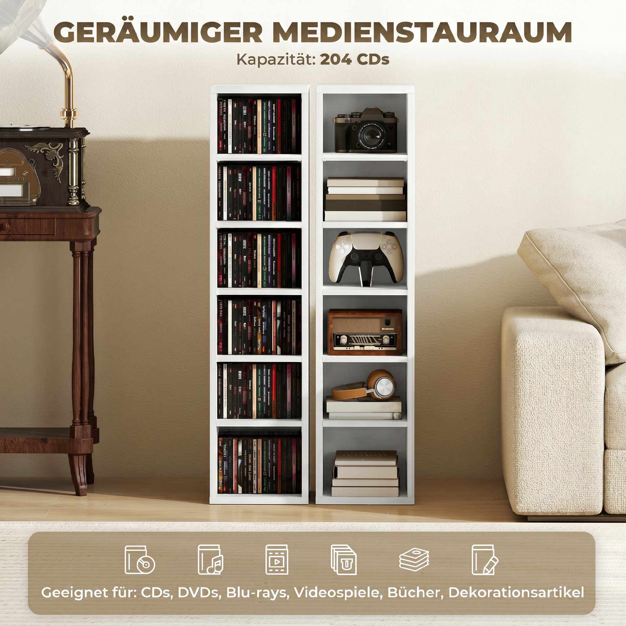 CD-förvaringstorn, set om 2, rymmer 204 CD-skivor, vita