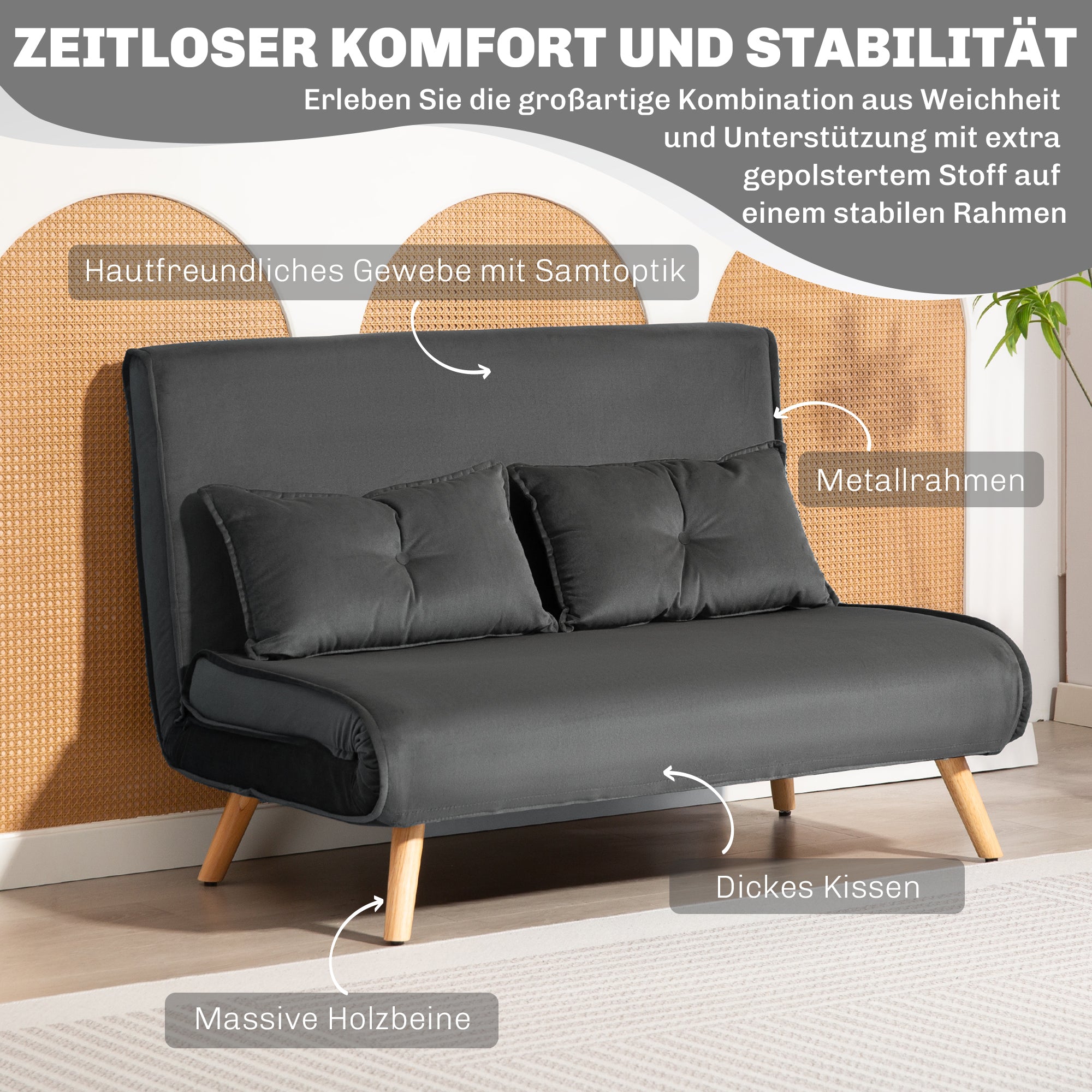 Cabriolet 2-sits bäddsoffa, justerbart ryggstöd, grått tyg