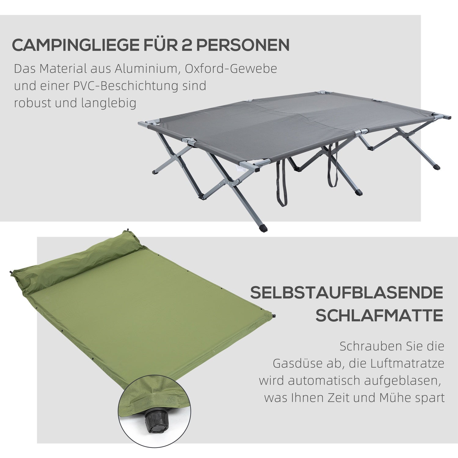 Camping kupoltält med luftmadrass, 2 personer, grå