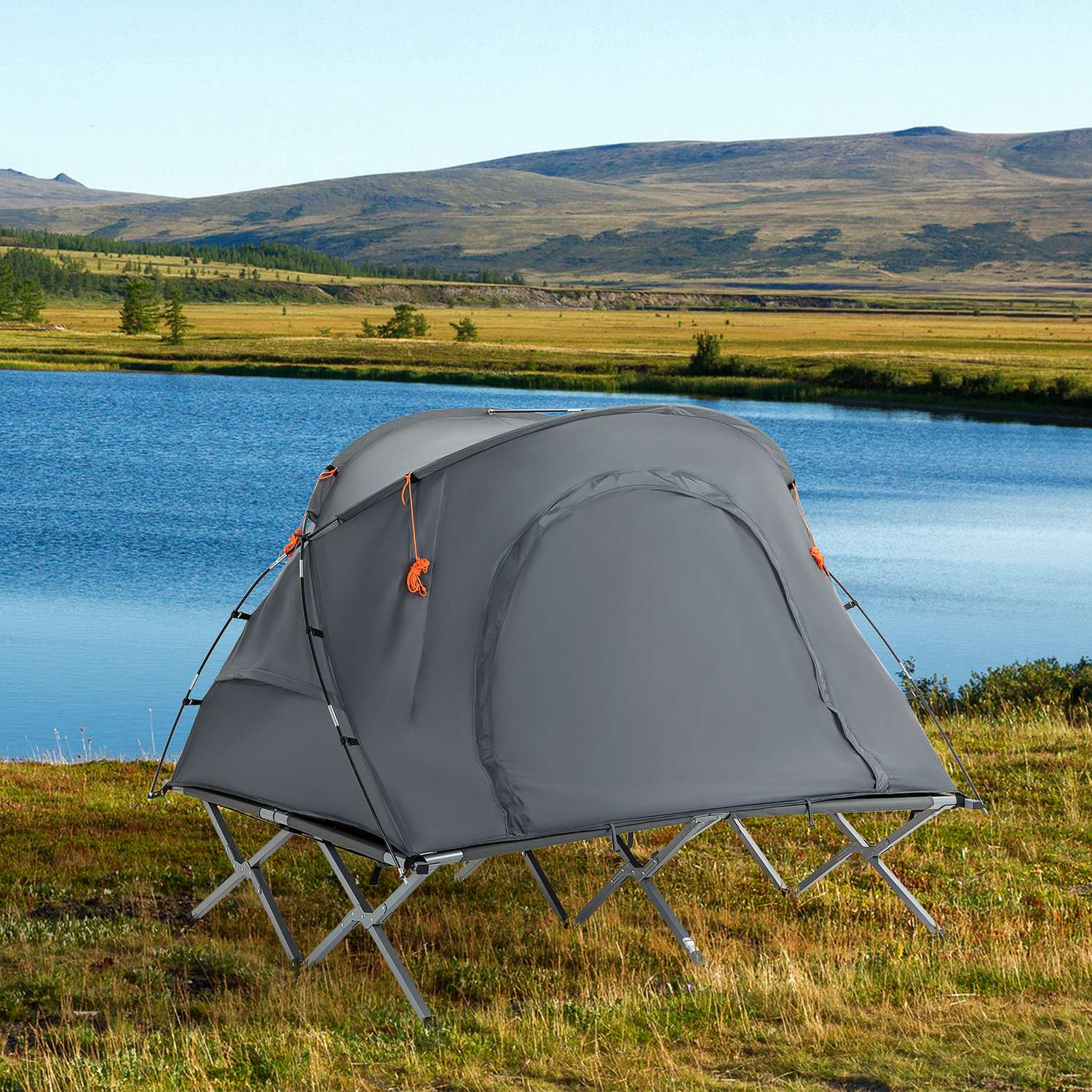 Camping kupoltält med luftmadrass, 2 personer, grå