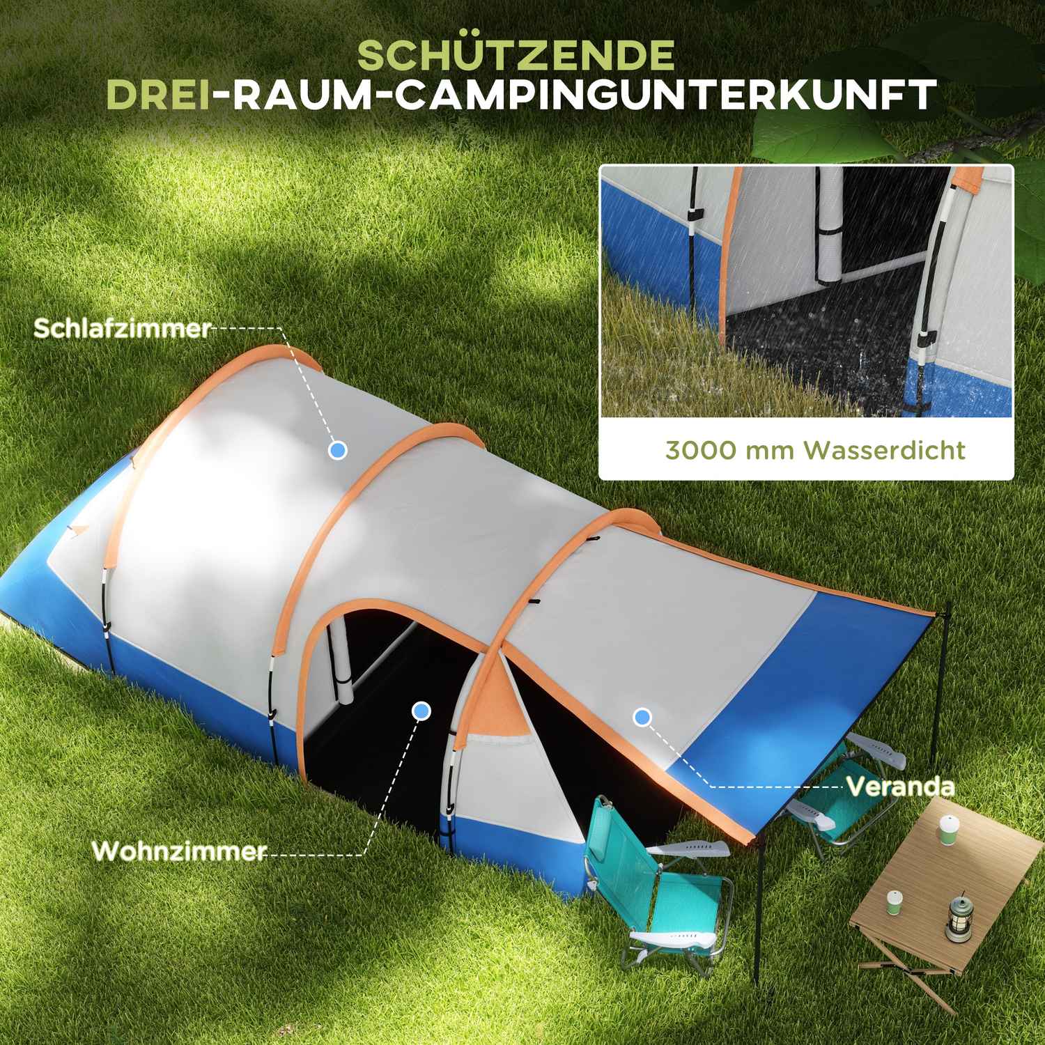 Campingtält för 3, 2 rum, vindtätt, 2000 mm vattenavvisande