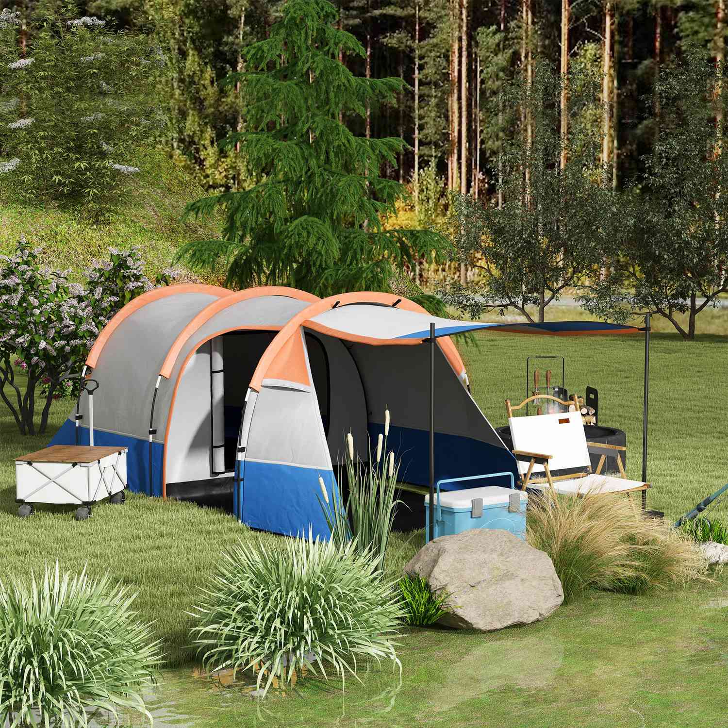Campingtält för 3, 2 rum, vindtätt, 2000 mm vattenavvisande