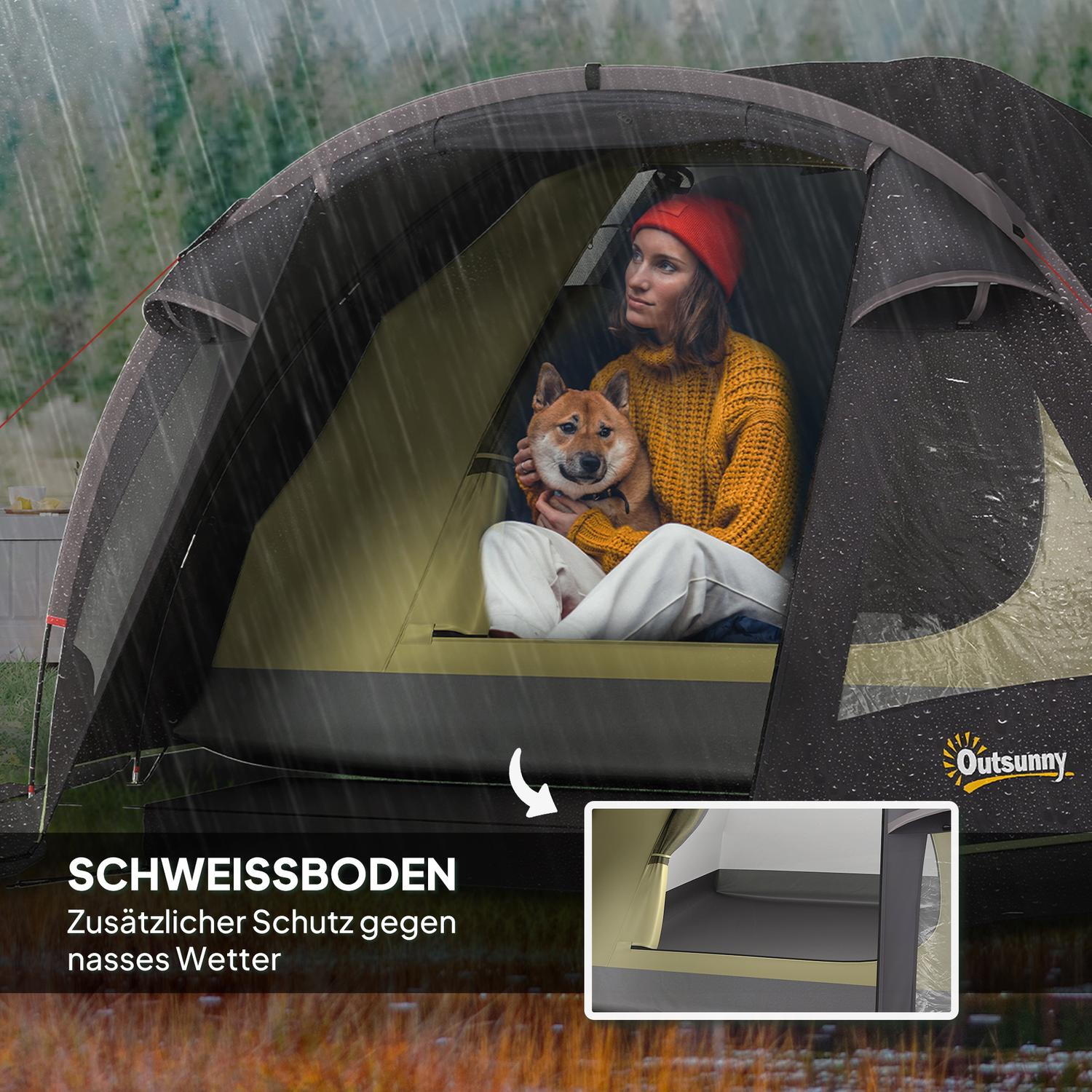 Campingtält för 4 personer, lätt, stabilt, UV 50+ tunneltält med kapell, sidodörr och fönster, svart