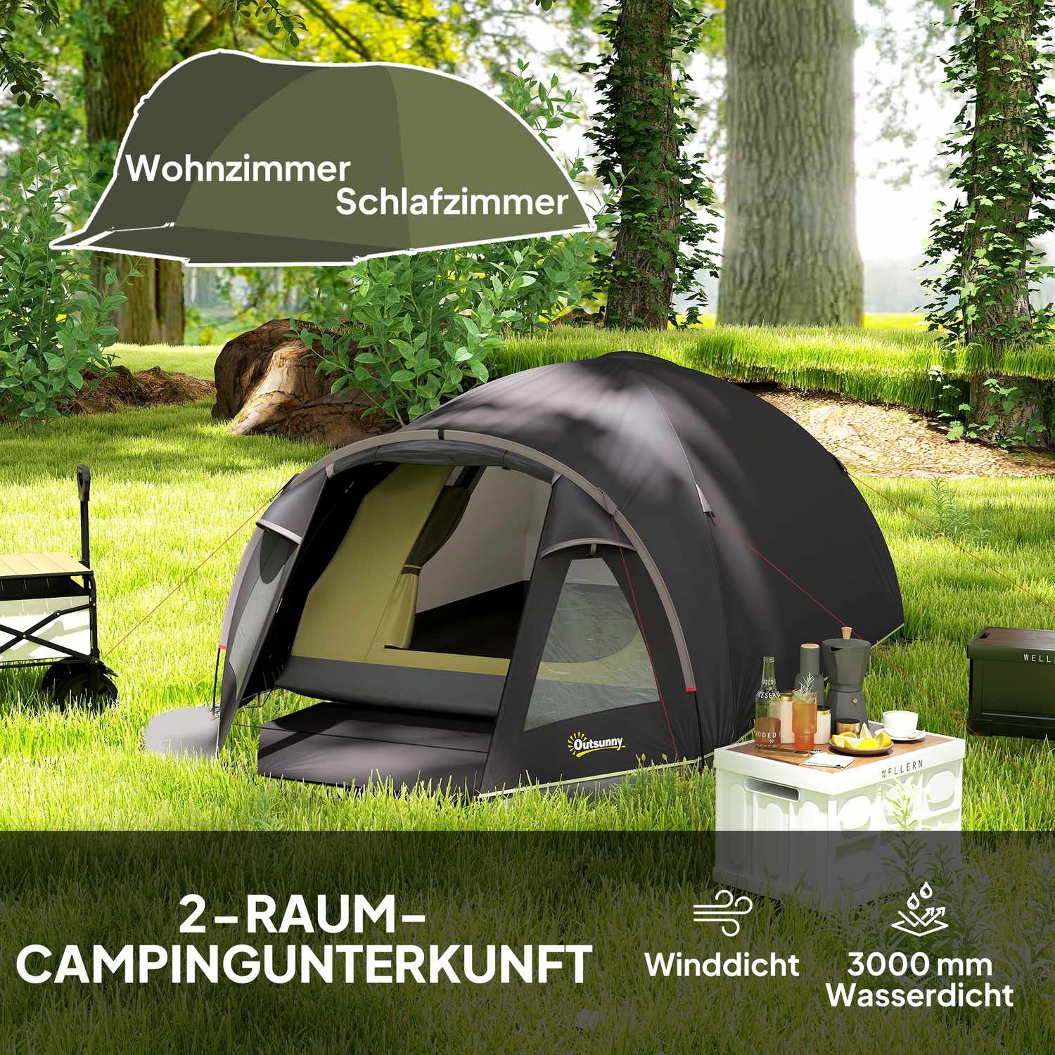 Campingtält för 4 personer, lätt, stabilt, UV 50+ tunneltält med kapell, sidodörr och fönster, svart