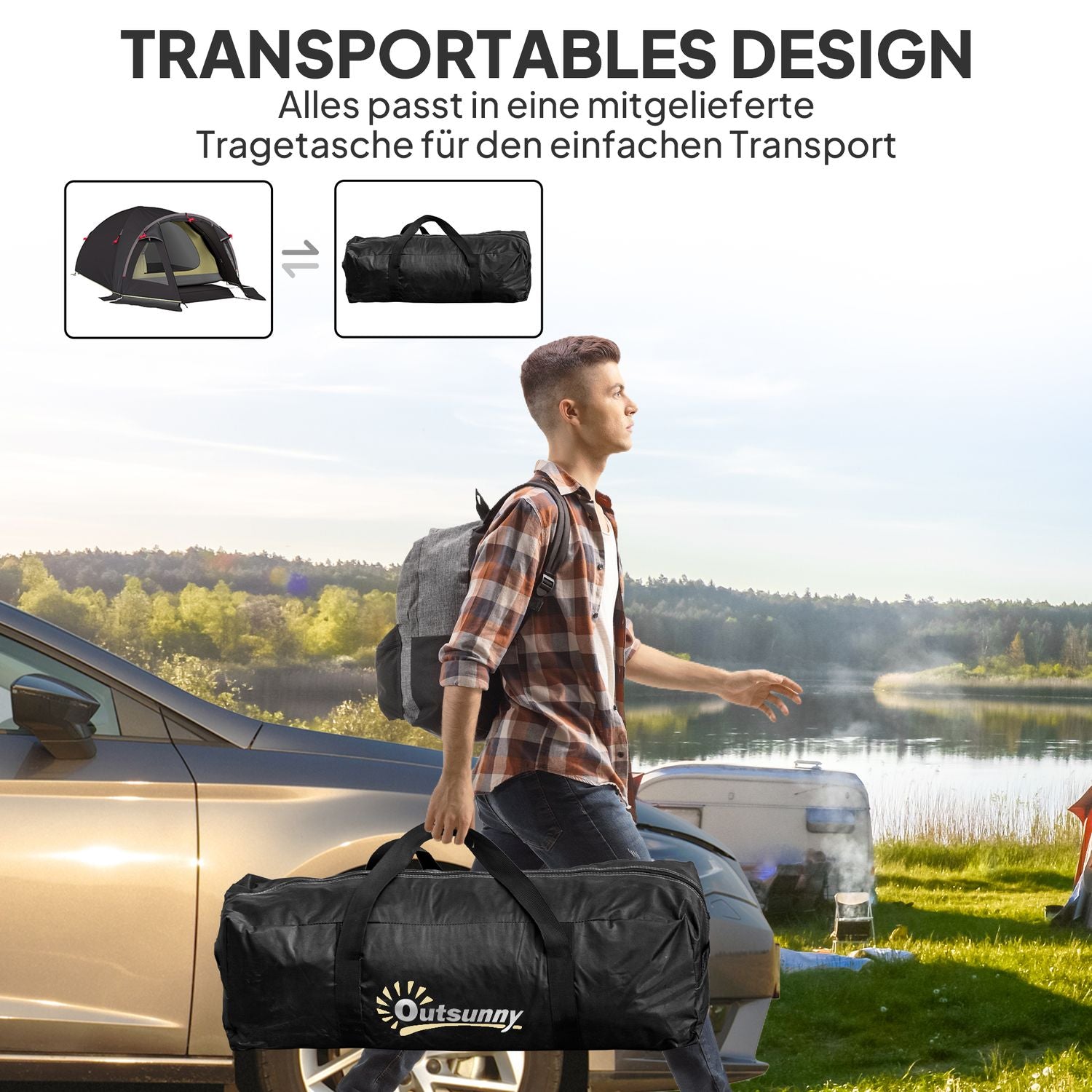 Campingtält för 4 personer, lätt, stabilt, UV 50+ tunneltält med kapell, sidodörr och fönster, svart