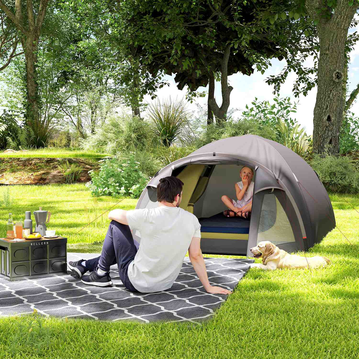 Campingtält för 4 personer, lätt, stabilt, UV 50+ tunneltält med kapell, sidodörr och fönster, svart