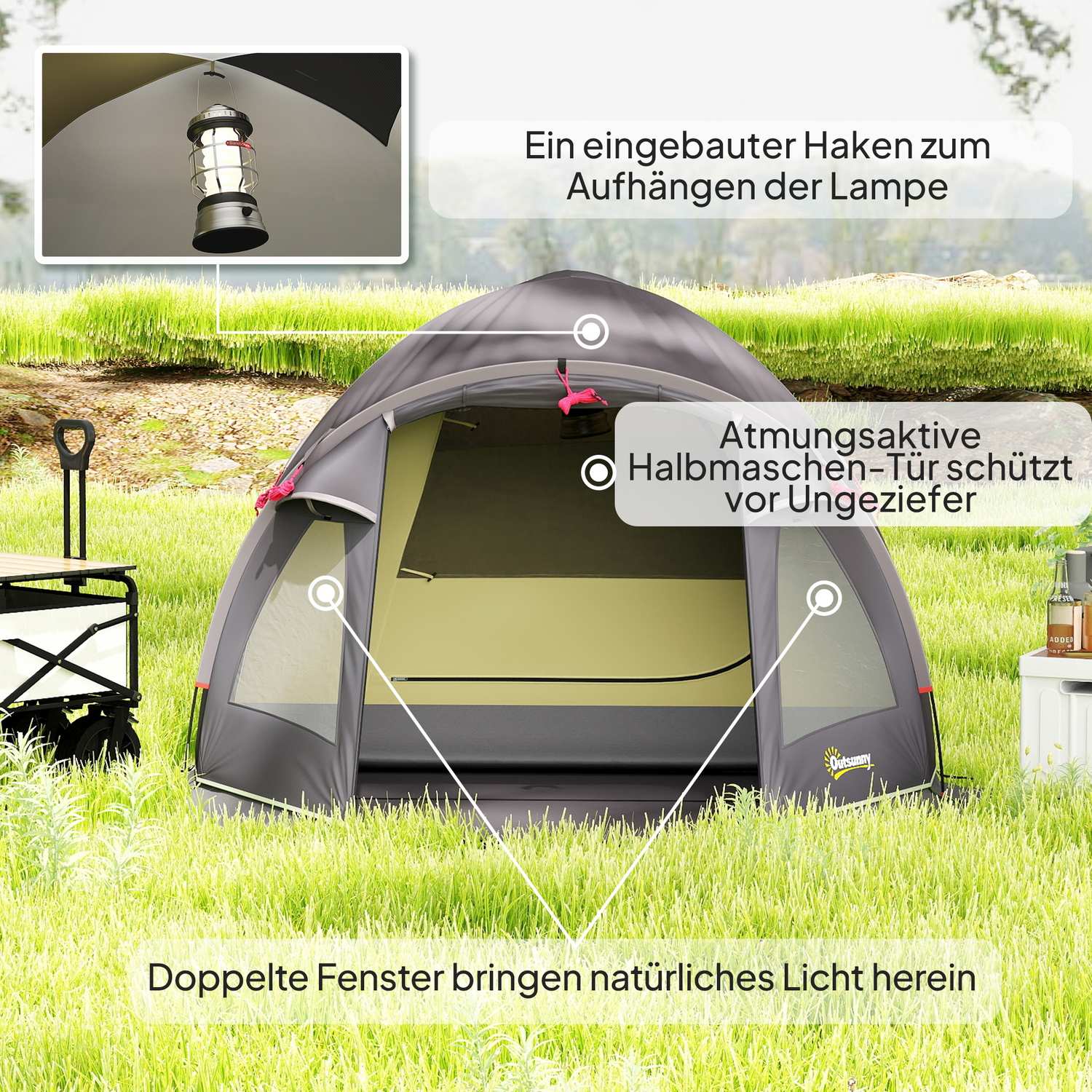 Campingtält för 4 personer, lätt, stabilt, UV 50+ tunneltält med kapell, sidodörr och fönster, svart