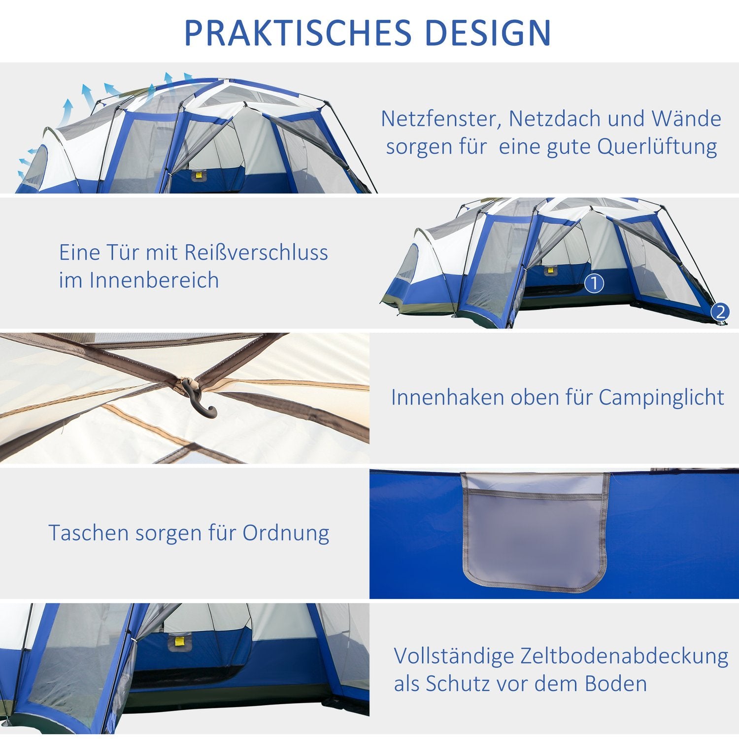 Campingtält för 6-8 personer, vattentät kupol med vestibul