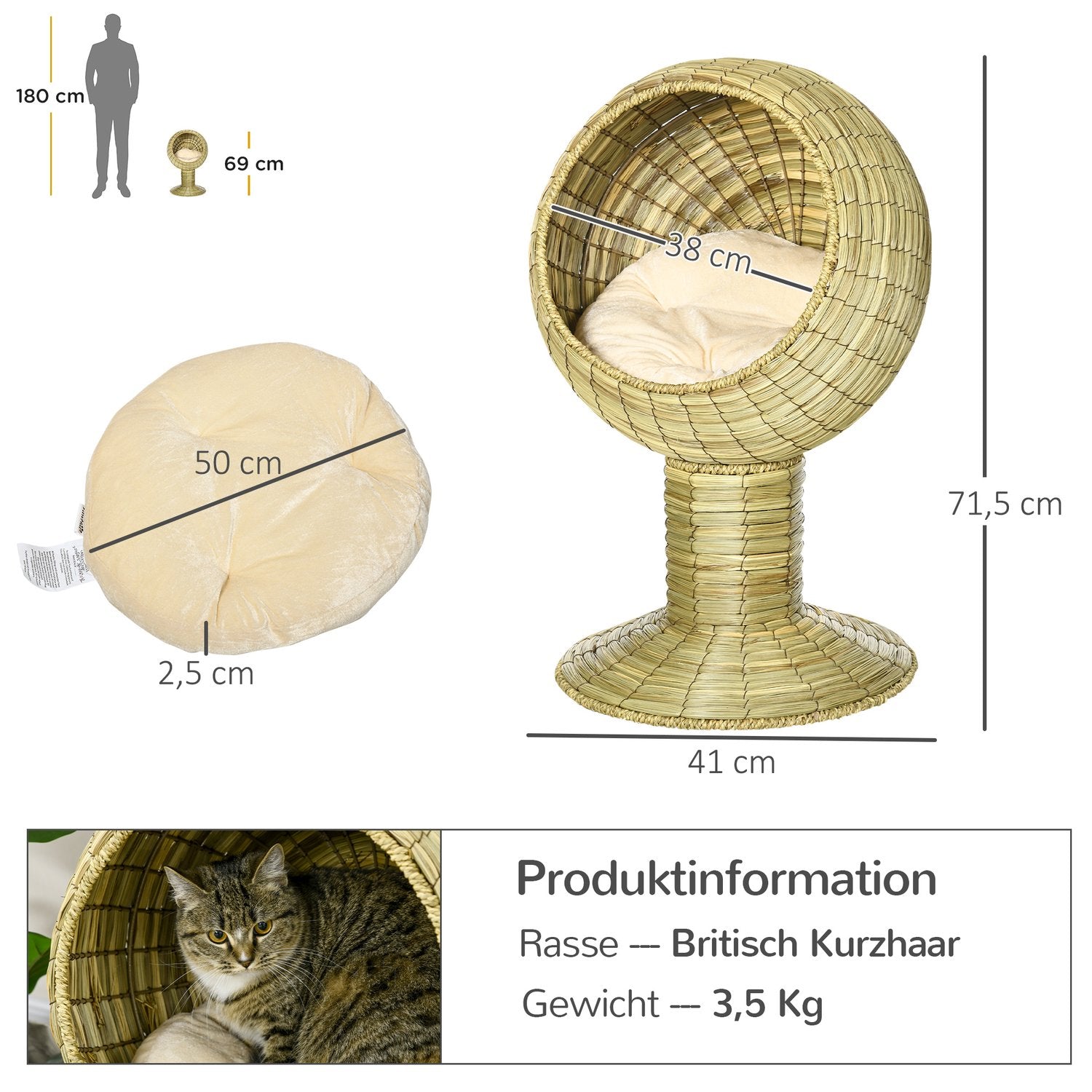 Cat Cave Korg med avtagbar kudde, sjögräs, 41x71,5 cm