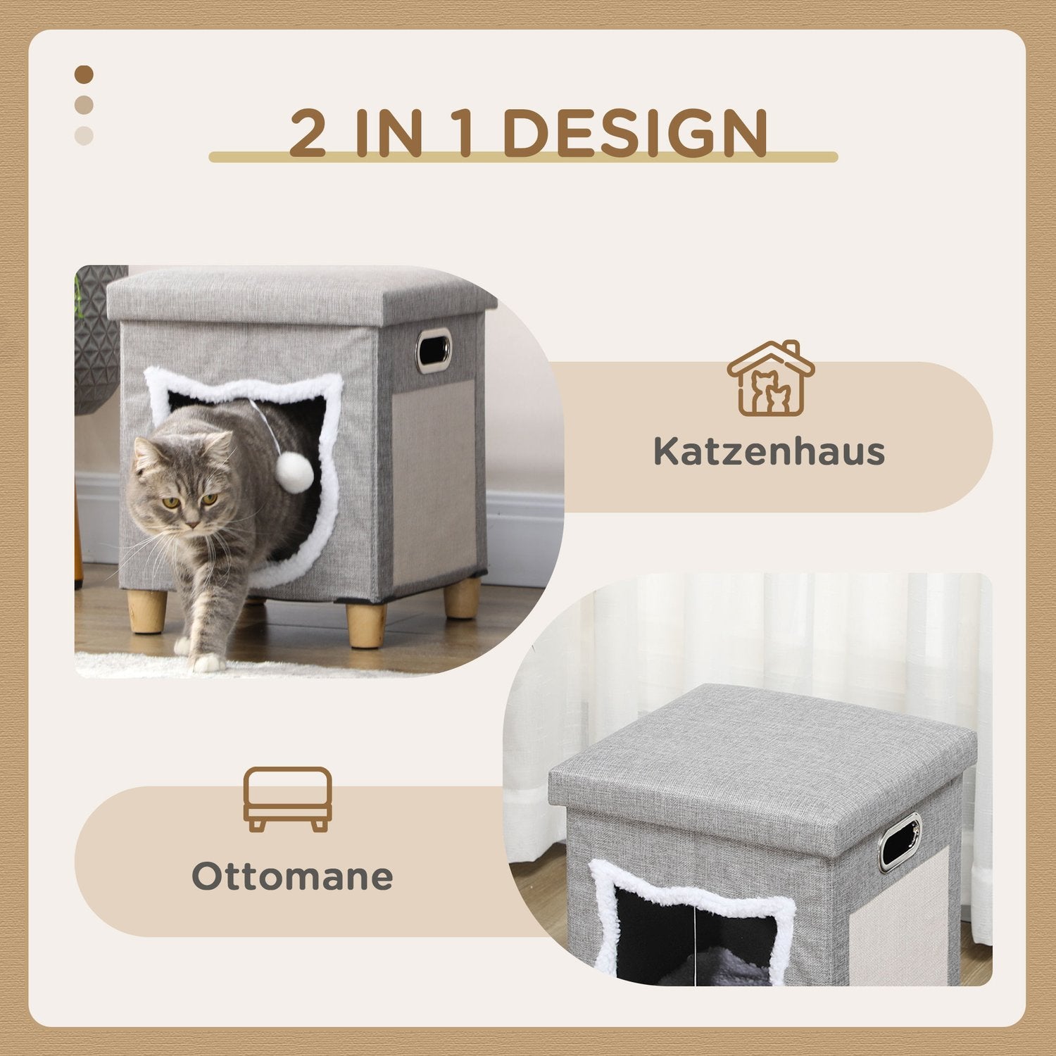 Cat Cave Ottoman med kudde och skrapboll, Anti-Slip Grå