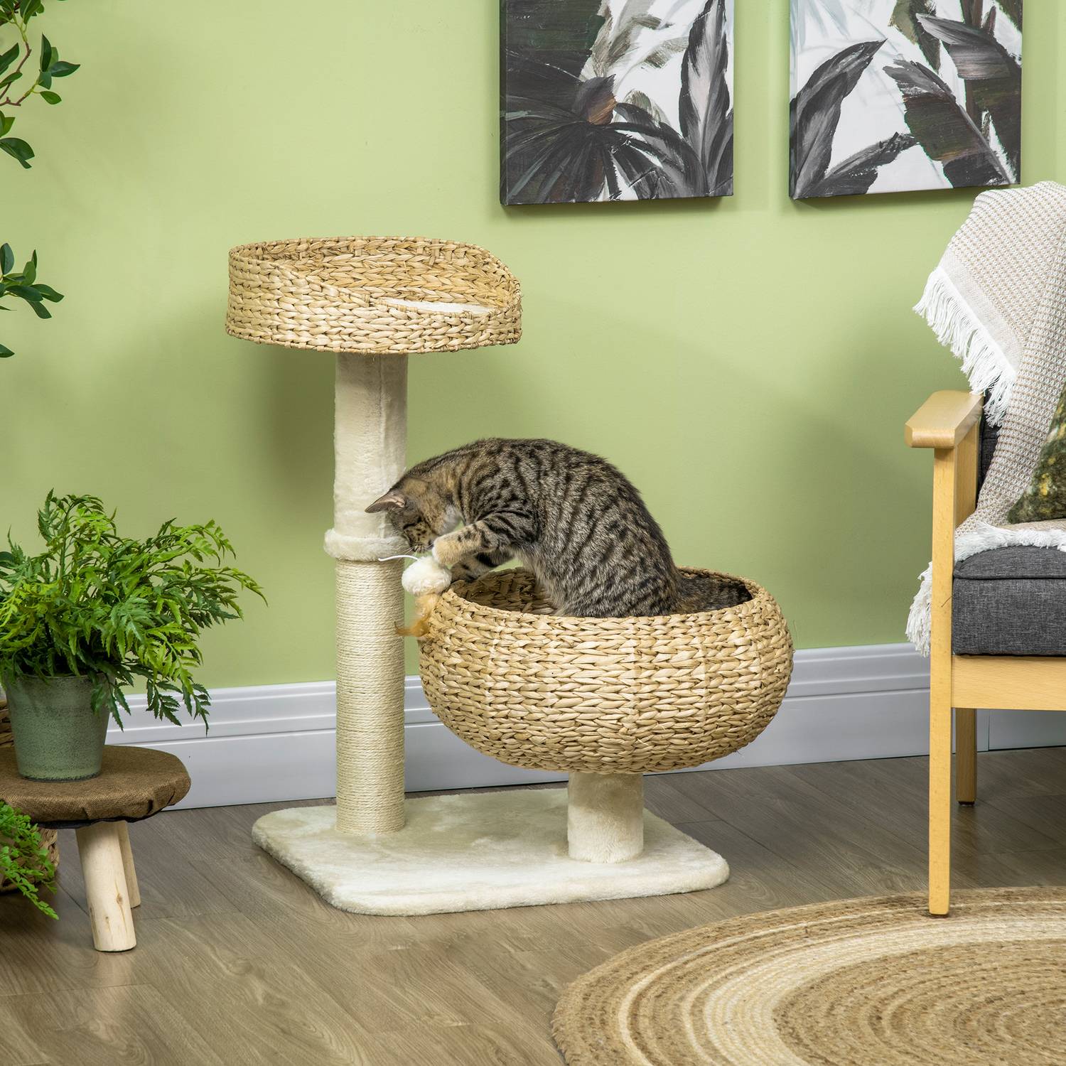 Cat Climbing Tree 72cm med sängar & lekboll, Beige/Cream