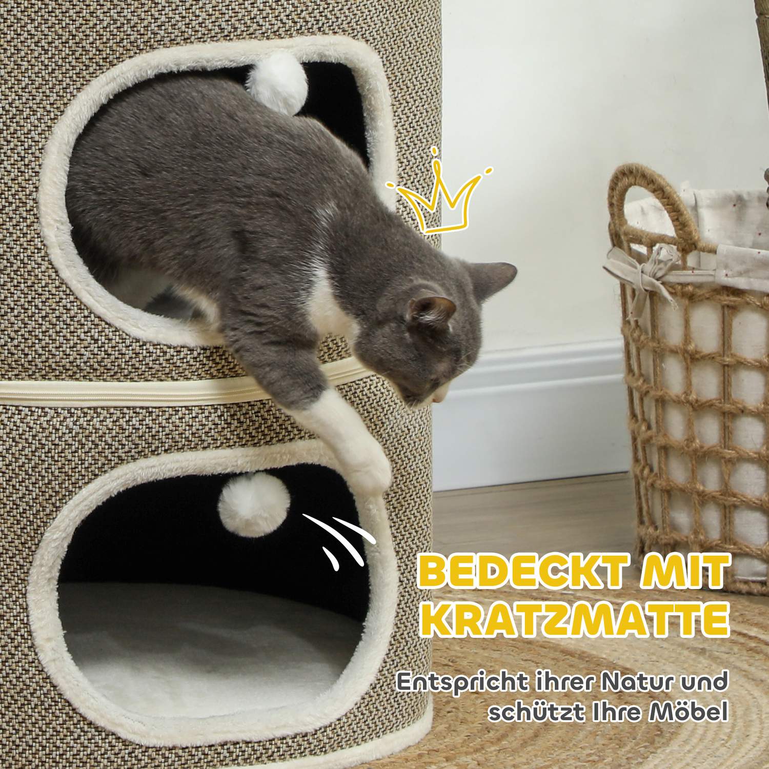 Cat Scratching Barrel – 2 grottor, sisal, 69 cm, kaffe/grädde