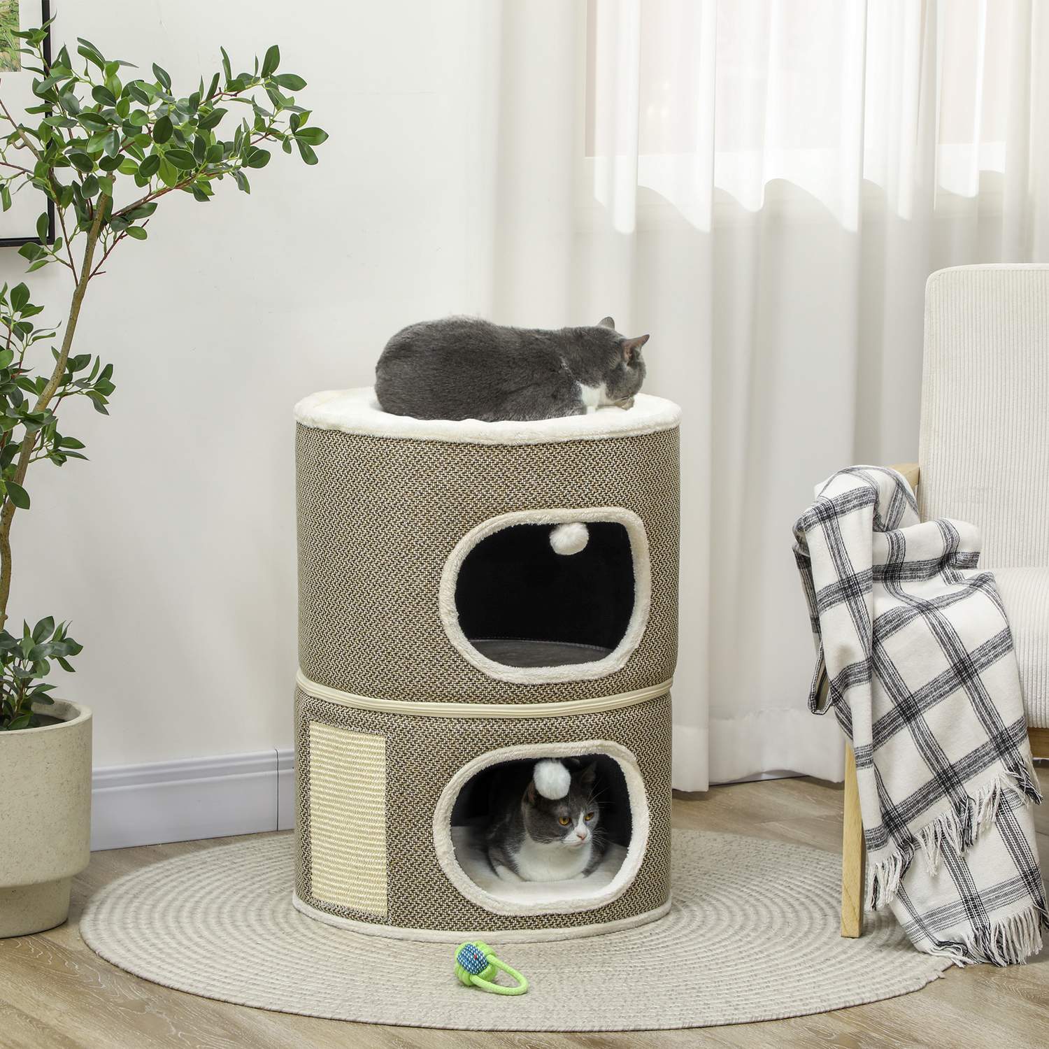 Cat Scratching Barrel – 2 grottor, sisal, 69 cm, kaffe/grädde