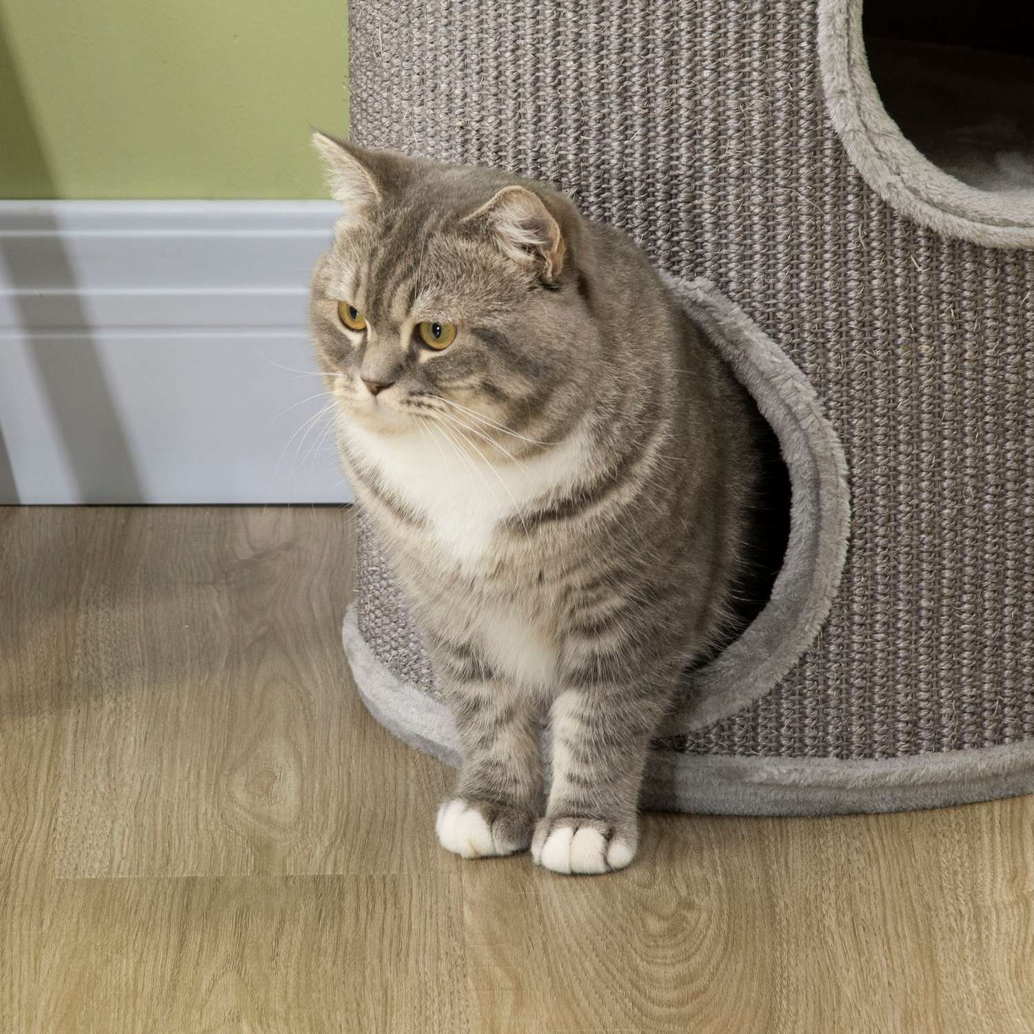 Cat Scratching Barrel med sisal & plysch, 3 grottor, ljusgrå