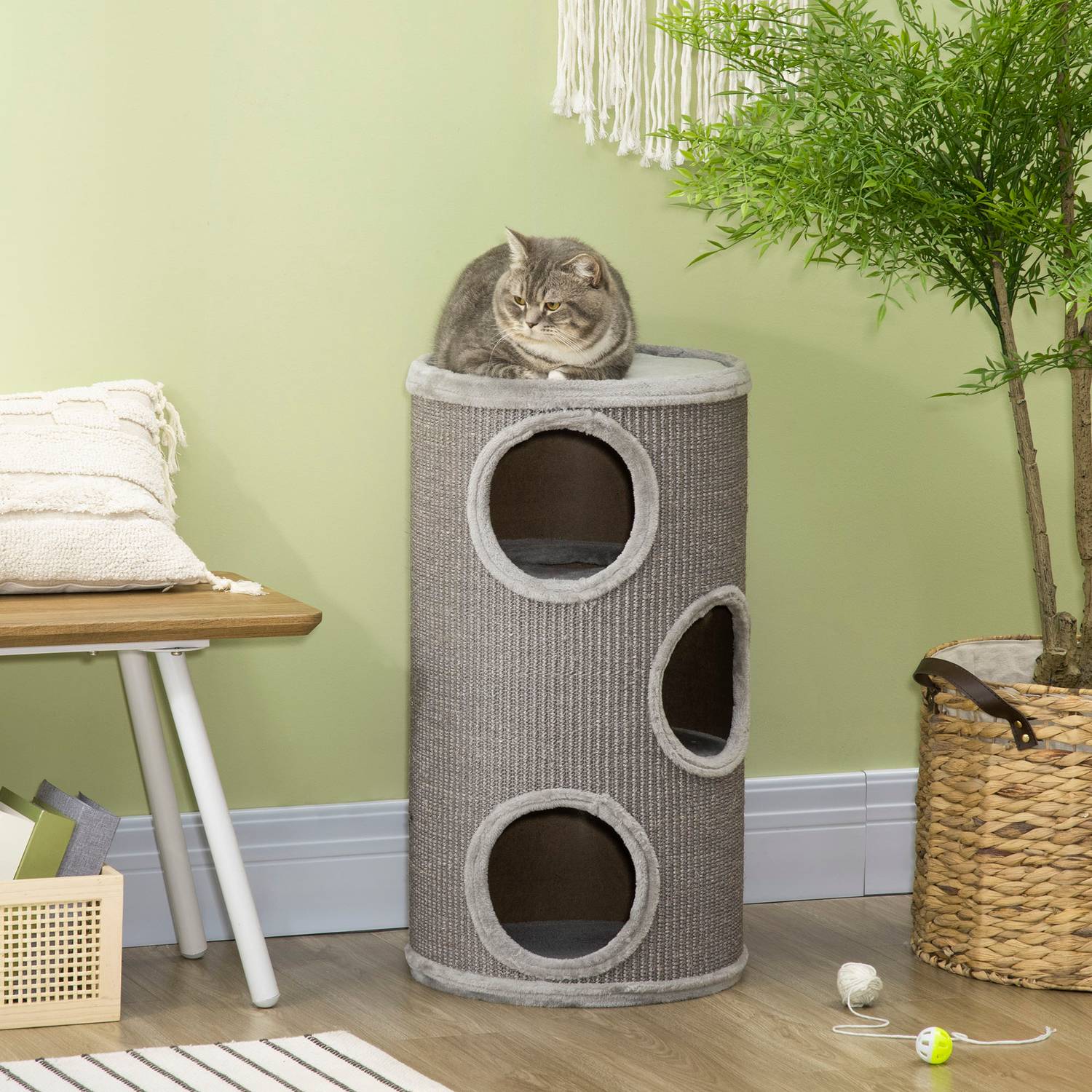 Cat Scratching Barrel med sisal & plysch, 3 grottor, ljusgrå