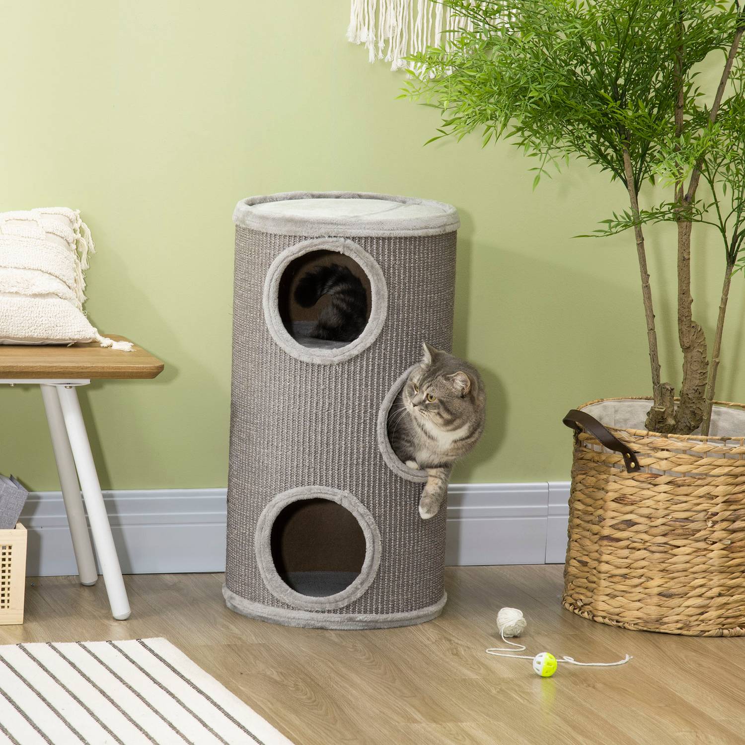 Cat Scratching Barrel med sisal & plysch, 3 grottor, ljusgrå