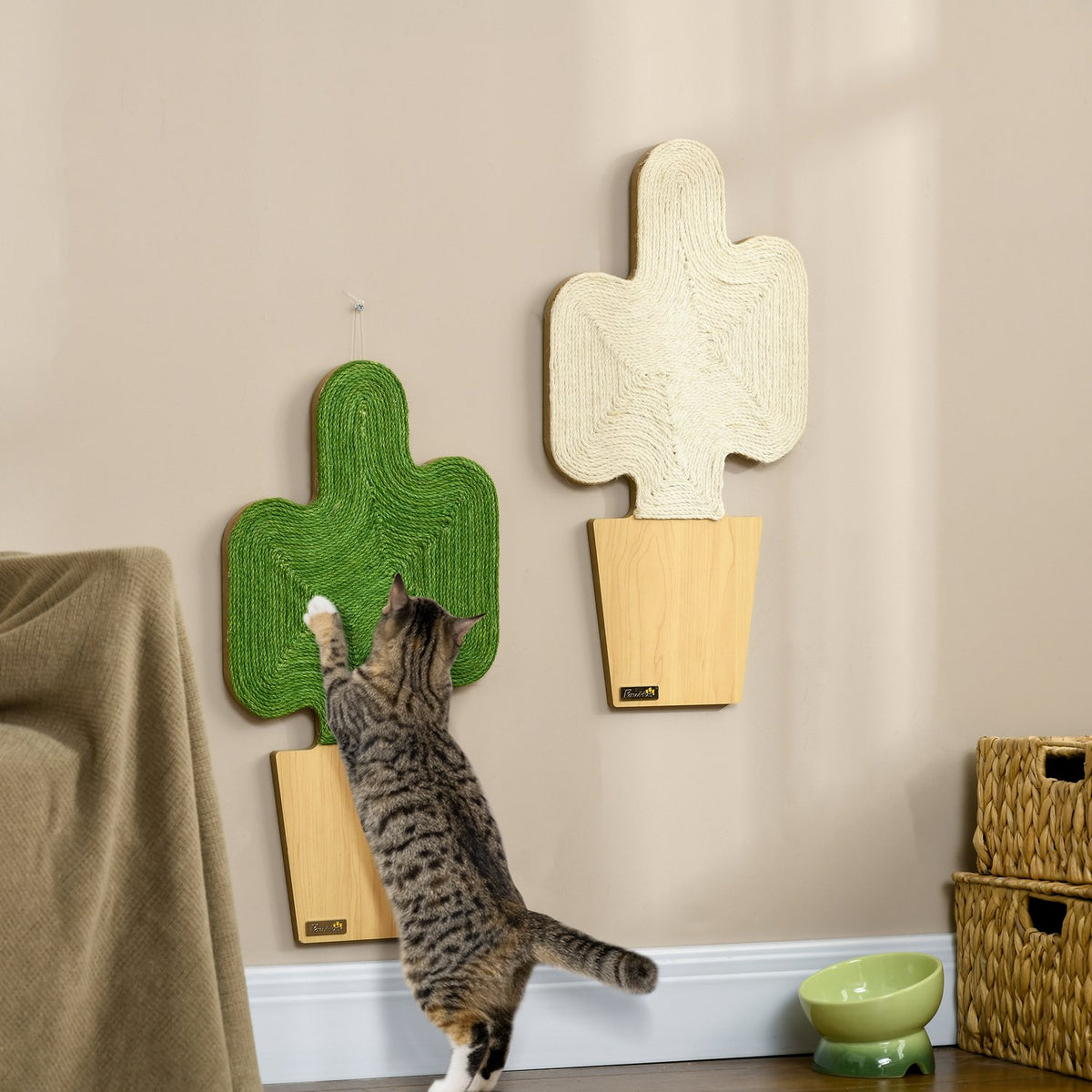 Set tappetini tiragraffi per gatti, corda di juta, design cactus, 30x60 cm