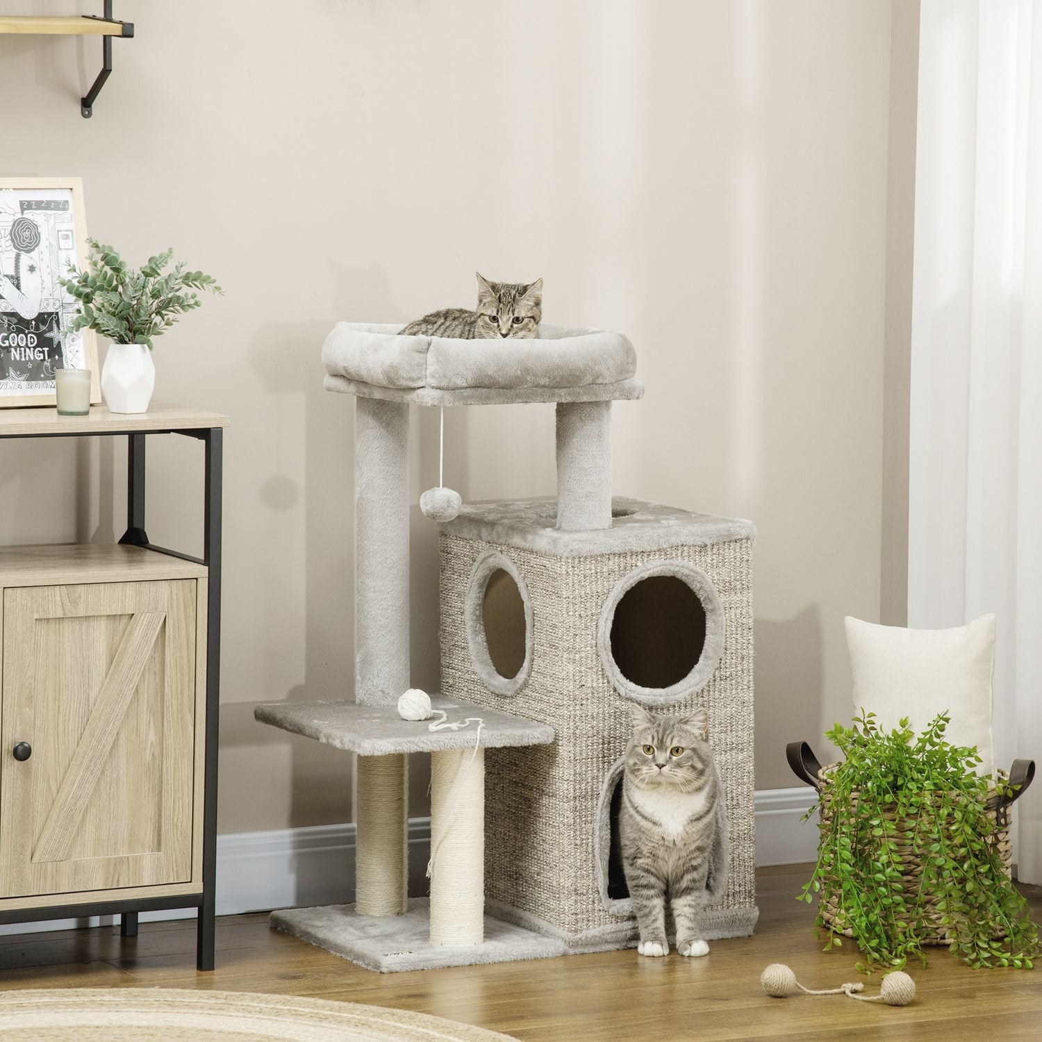 Cat Scratching Tower, ljusgrå – dubbla grottor och sisalstolpar, 91 cm