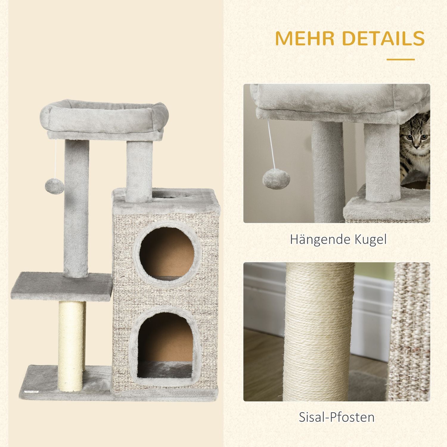 Cat Scratching Tower, ljusgrå – dubbla grottor och sisalstolpar, 91 cm