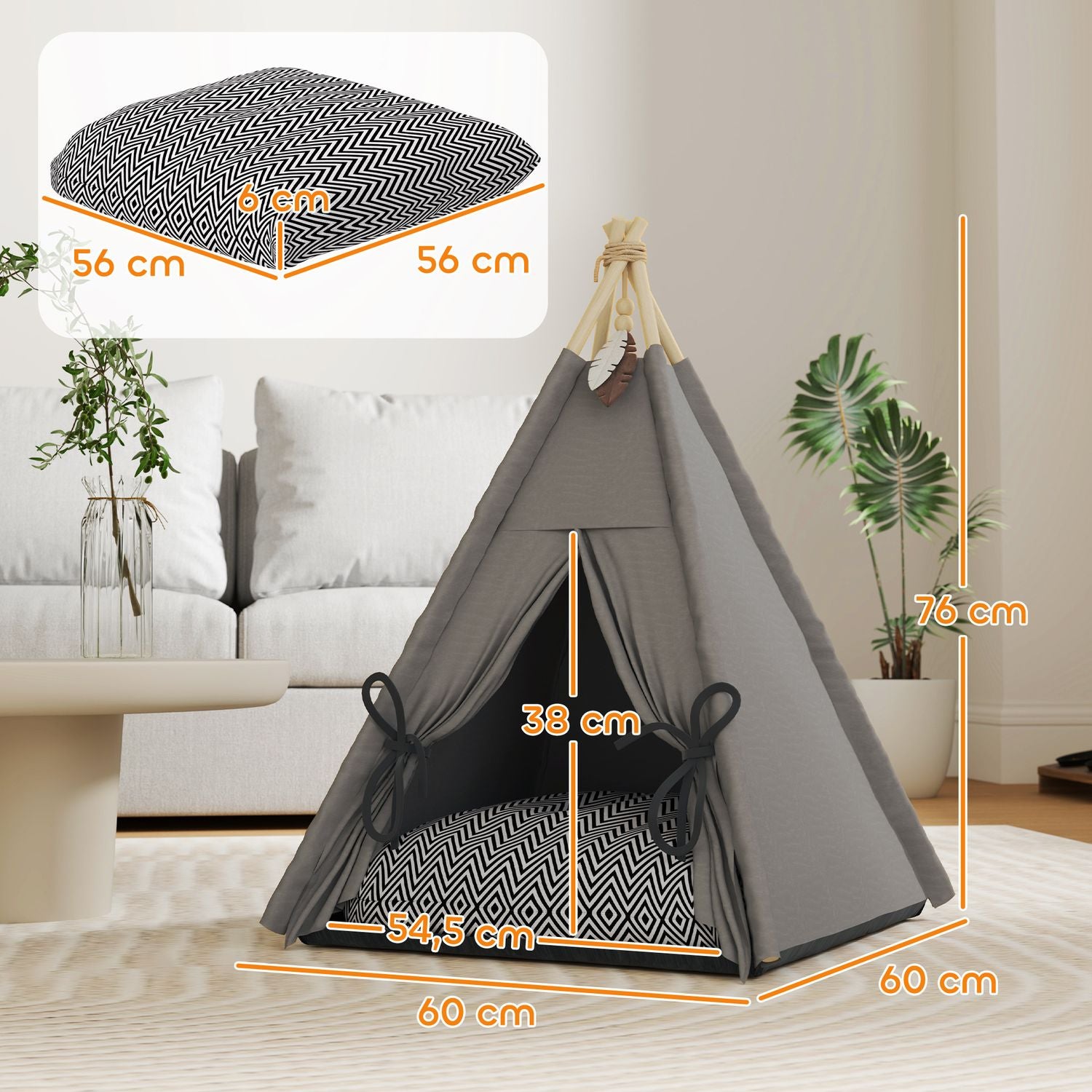 Cat Tipi-tält, tvättbara kuddar, grå, husdjur under 5 kg