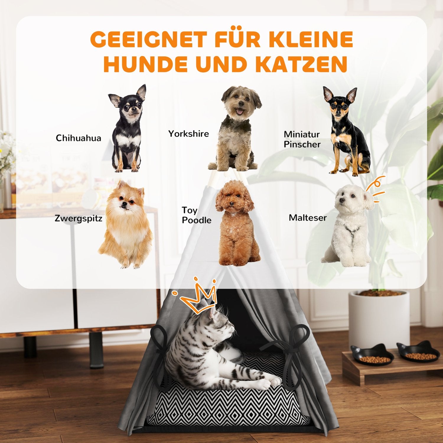 Cat Tipi-tält, tvättbara kuddar, grå, husdjur under 5 kg
