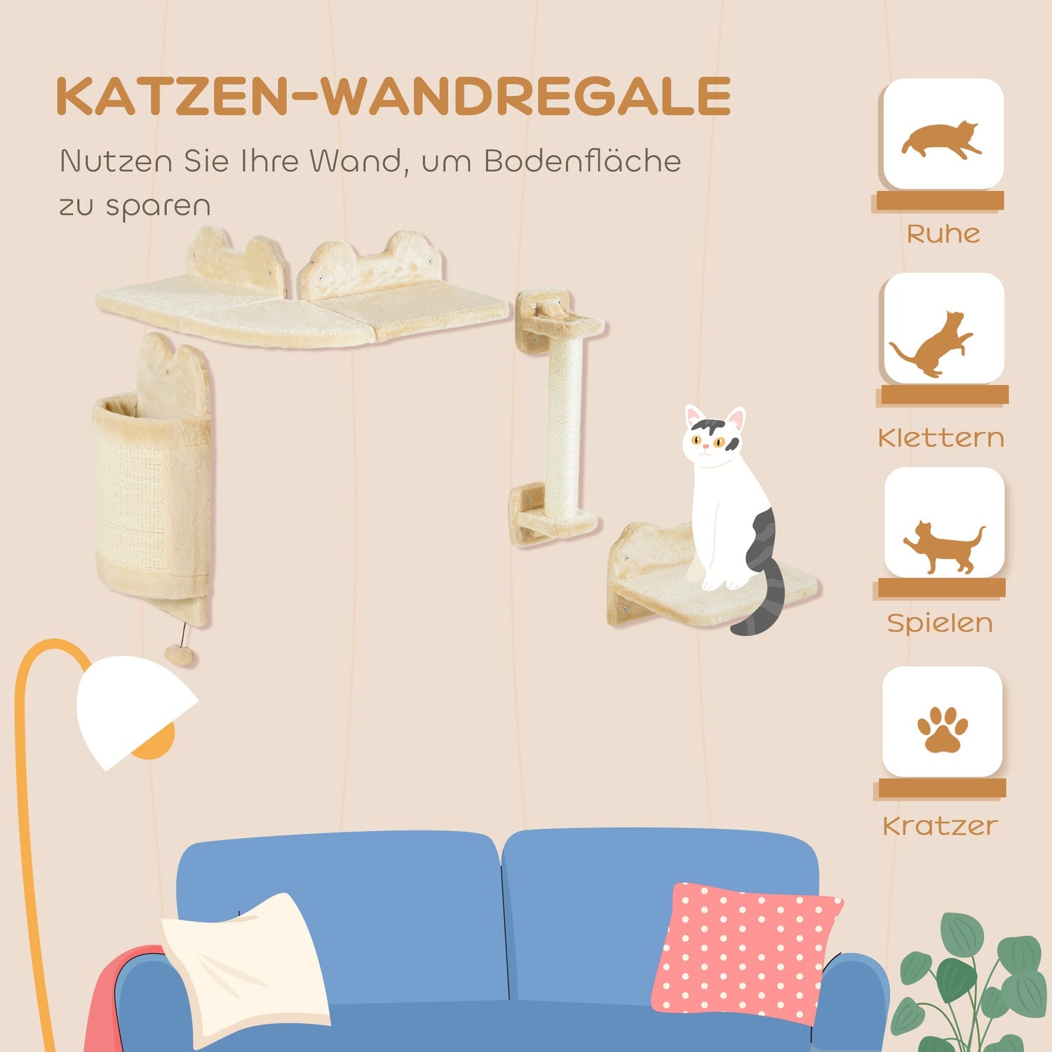 Cat klätterväggsset, 4-delad plyschmöbel, beige