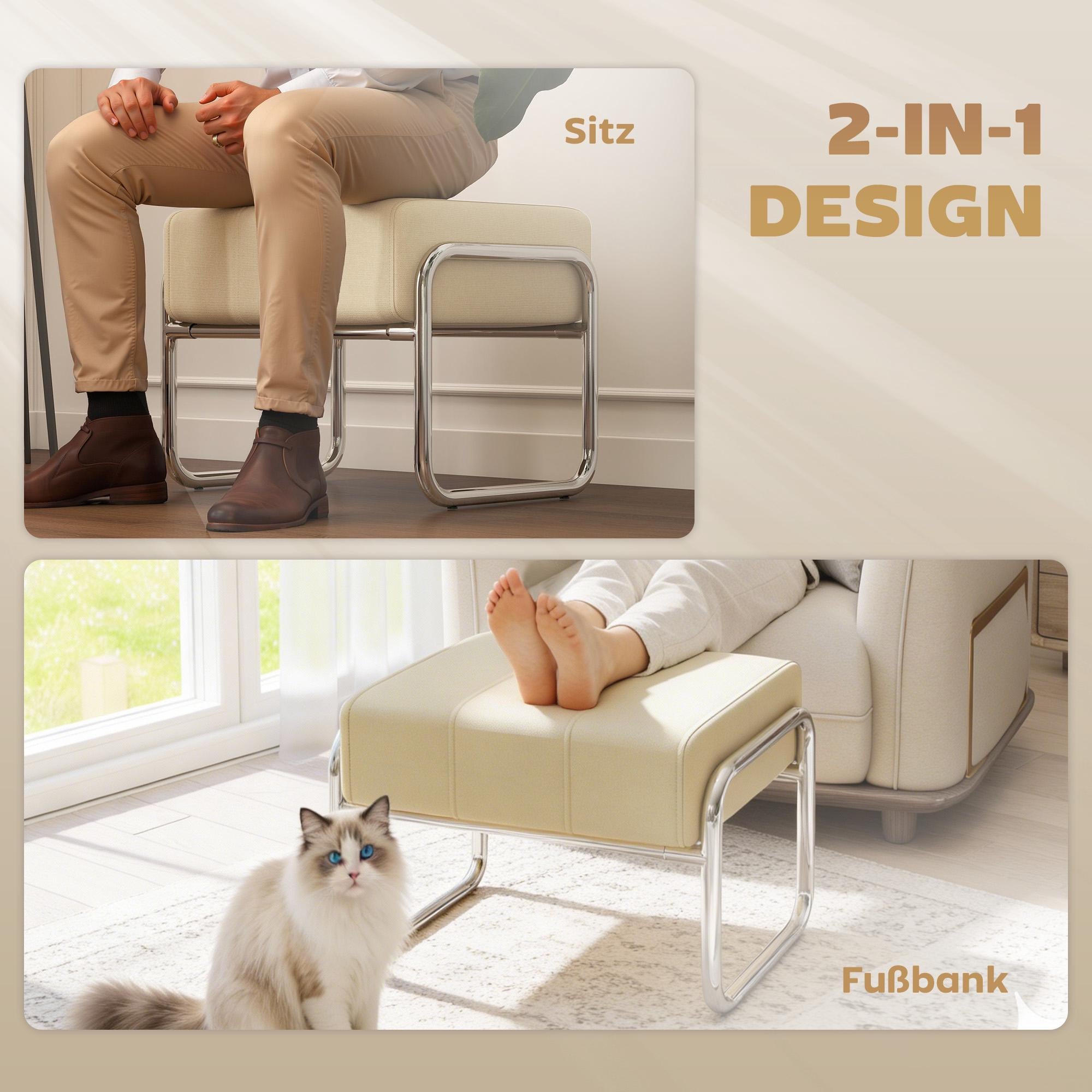 Chenille fotpall, tjock dyna, stålben, beige