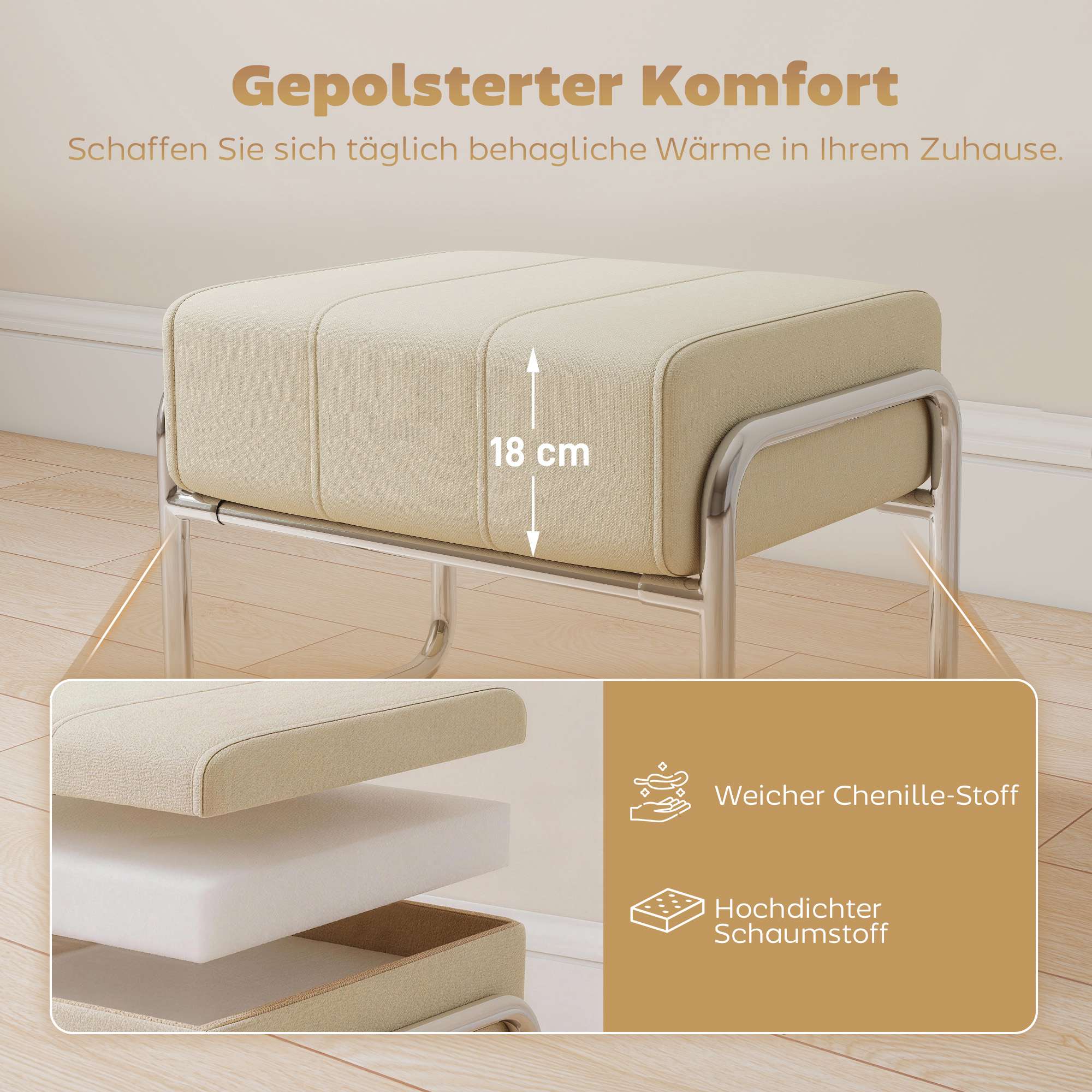Chenille fotpall, tjock dyna, stålben, beige