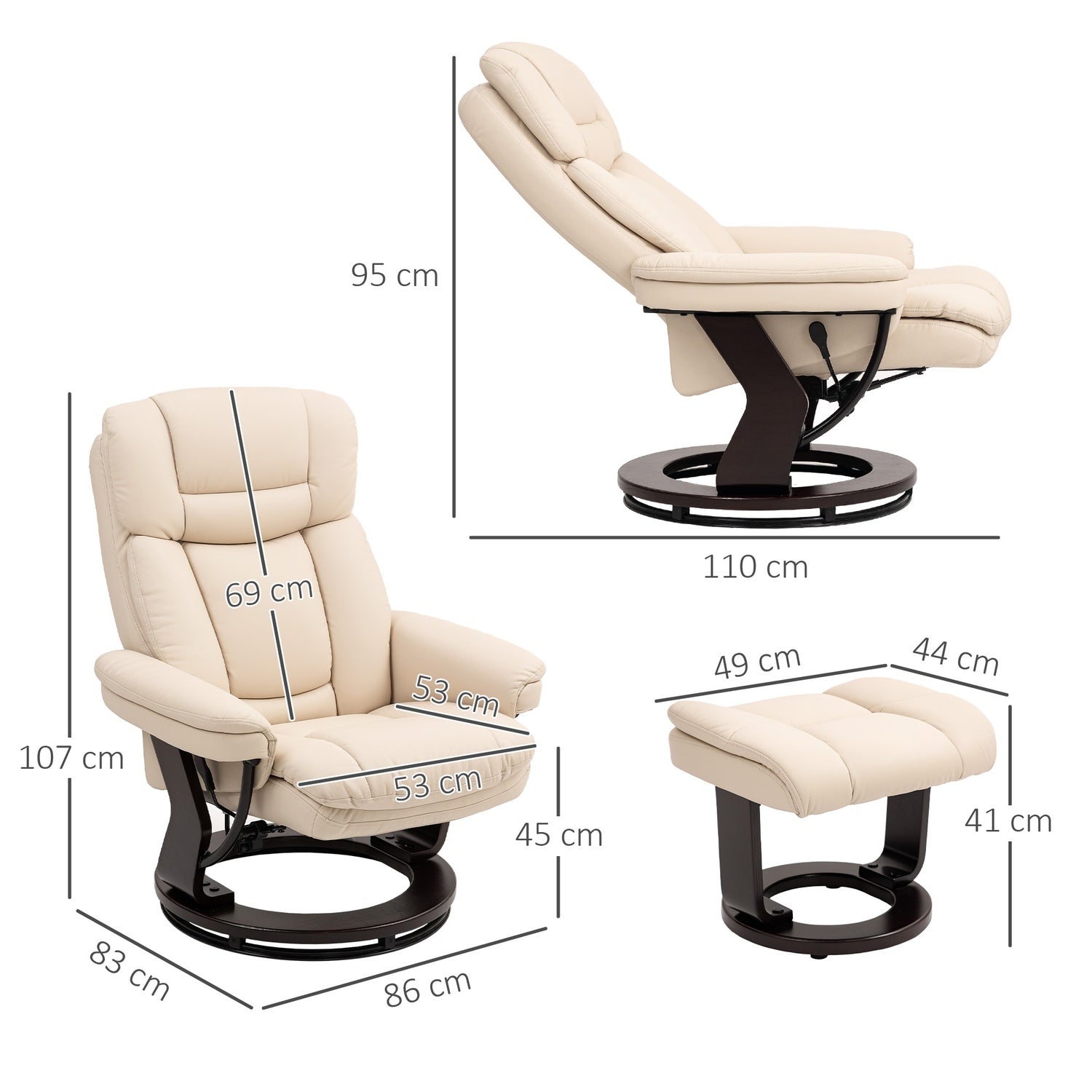 Cream Faux Leather Recliner Stol med Ottoman, 360° vridbar