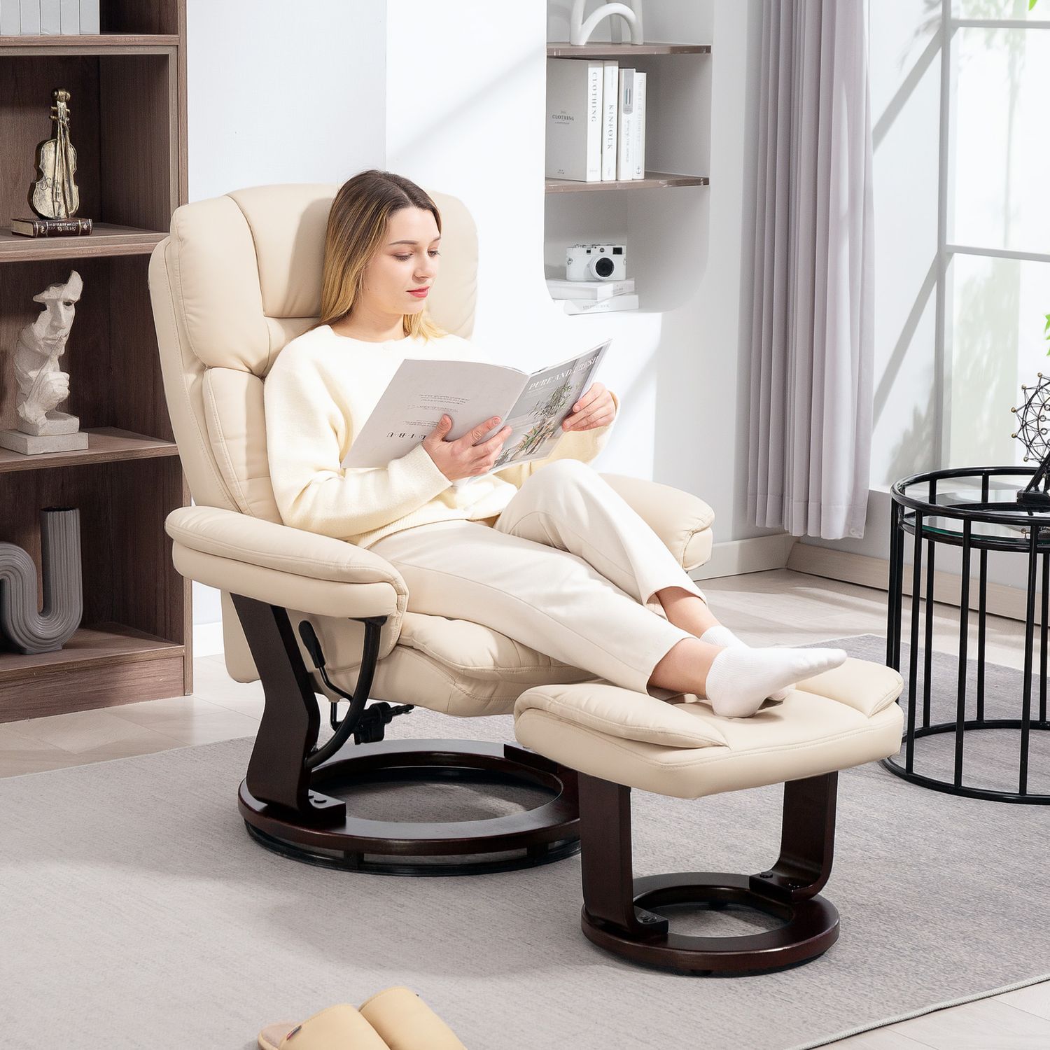 Cream Faux Leather Recliner Stol med Ottoman, 360° vridbar