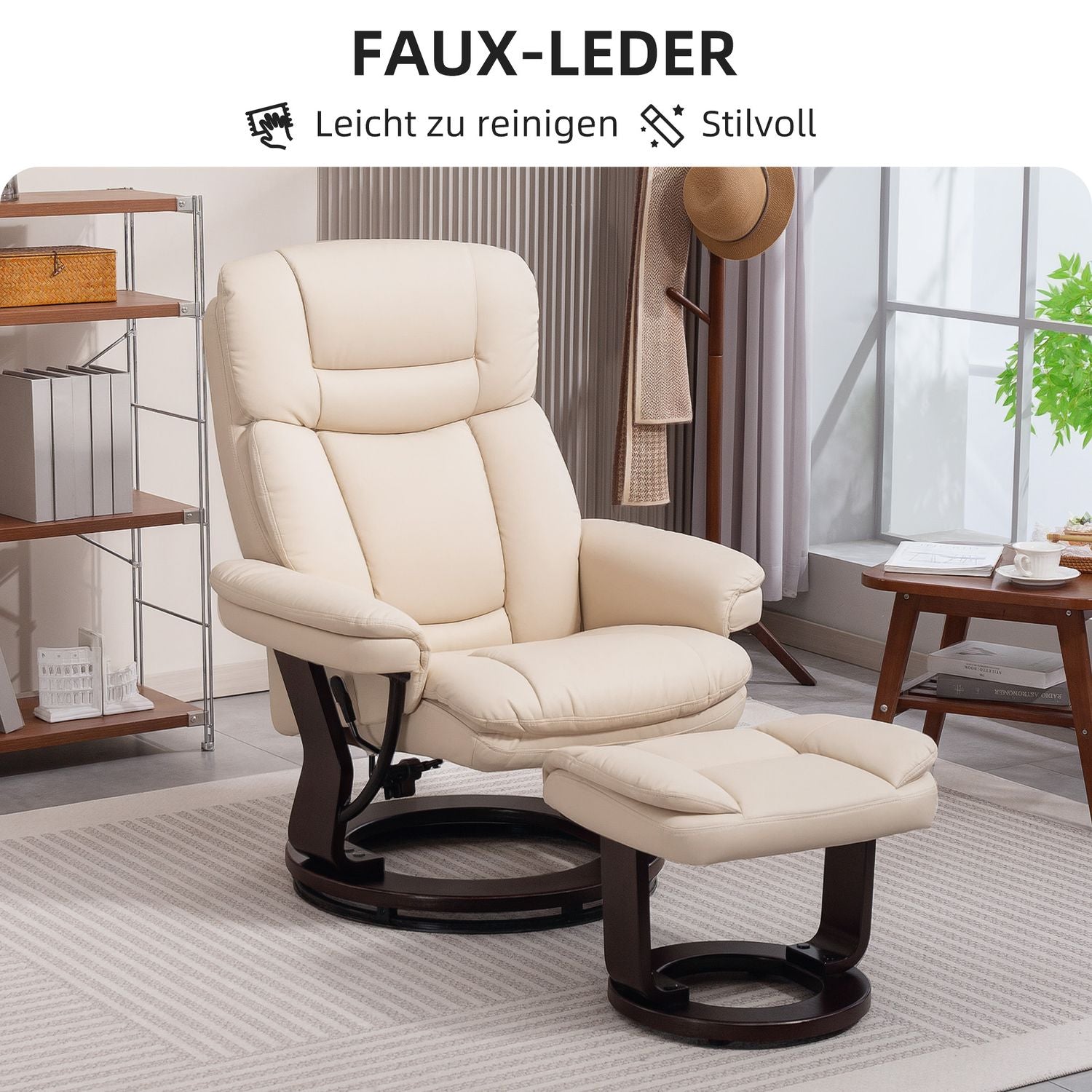 Cream Faux Leather Recliner Stol med Ottoman, 360° vridbar