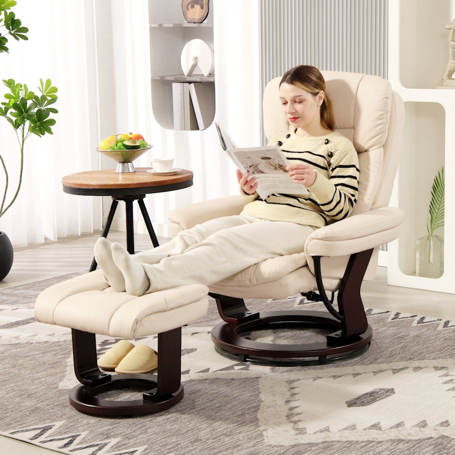 Cream Faux Leather Recliner Stol med Ottoman, 360° vridbar