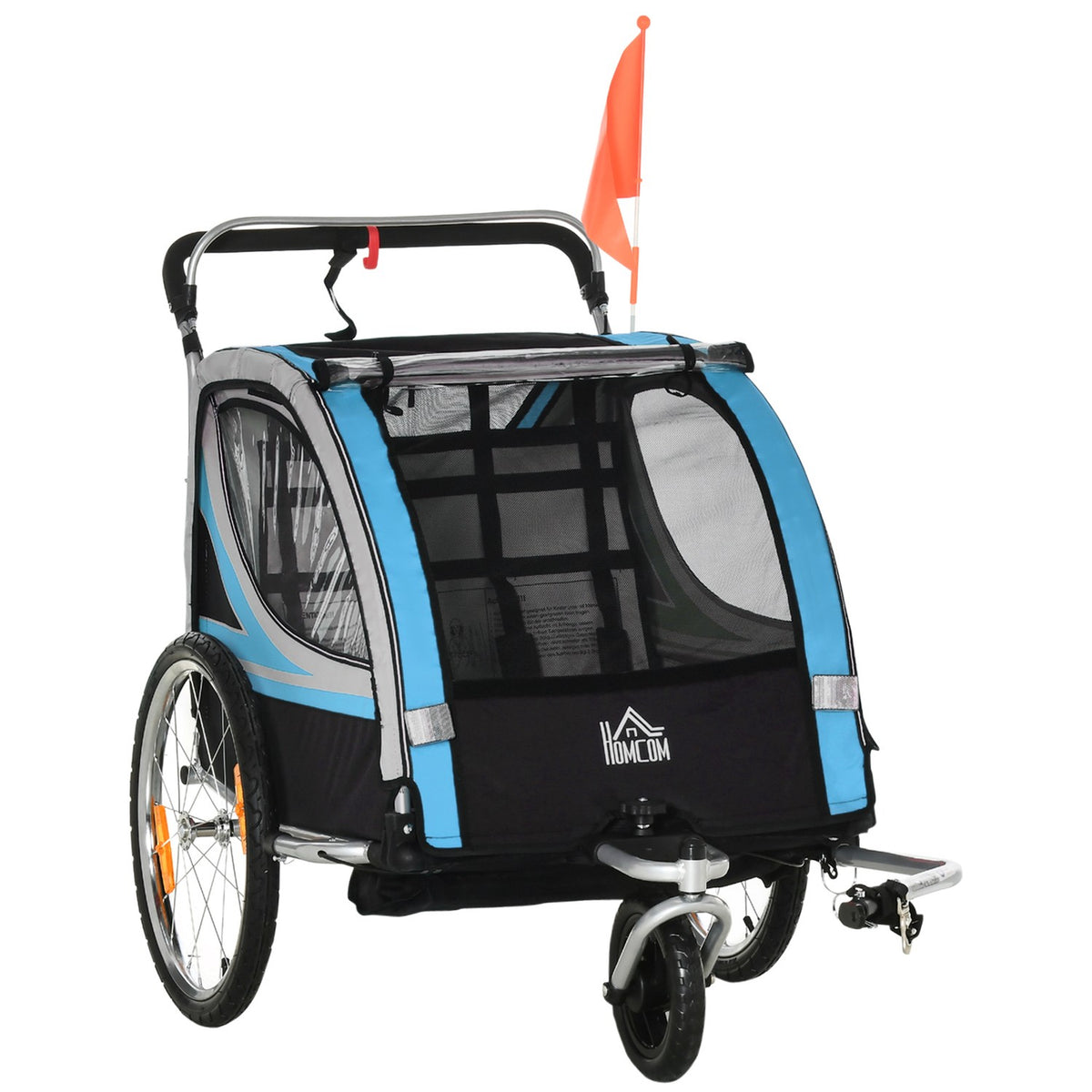 Rimorchio bici e passeggino, girevole a 360°, telaio in acciaio, blu/nero