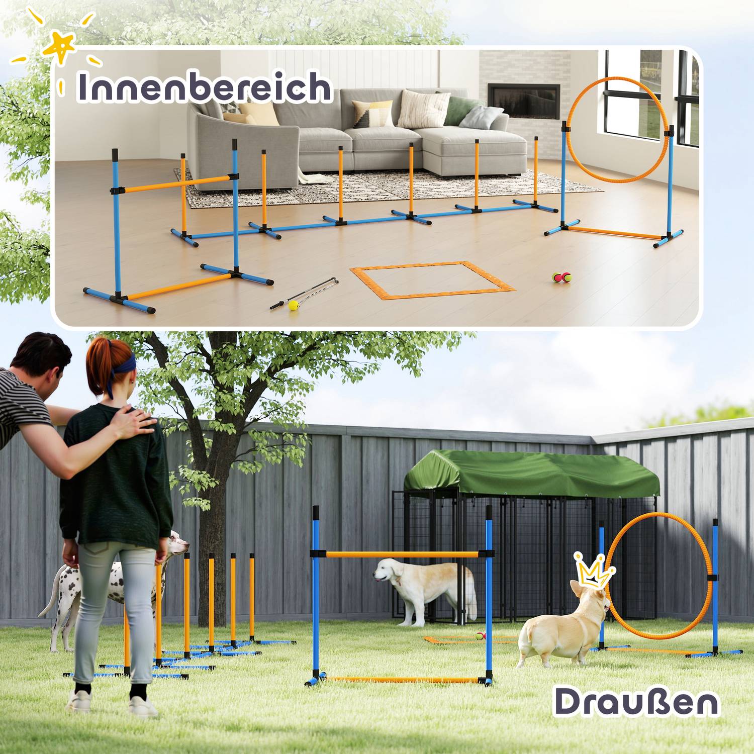 Dog Agility Set, justerbara häckar & slalomstavar, 9 delar
