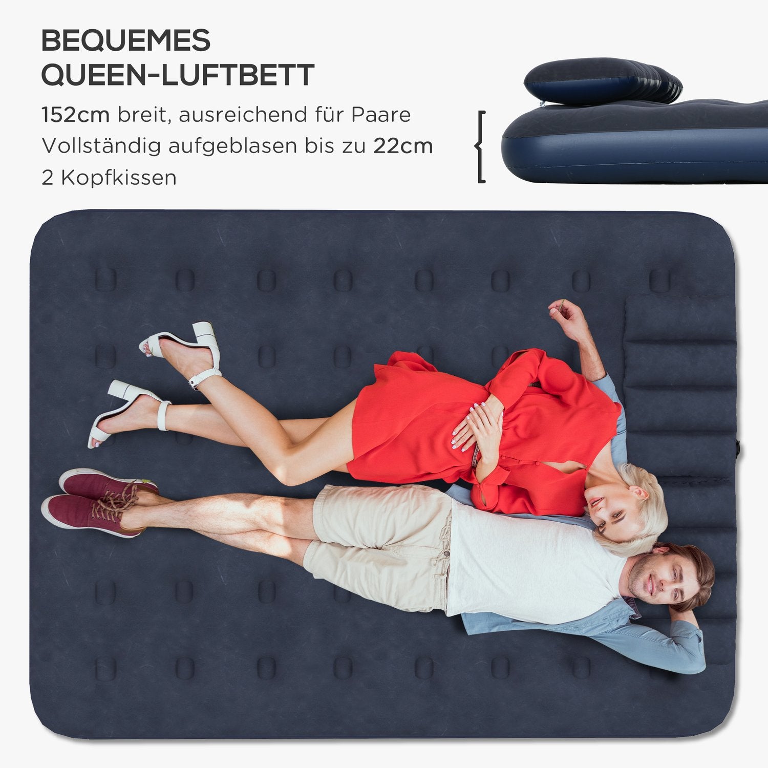 Dubbel Luftmadrass Med Handpump & Kudde, Blå, 203x152x22Cm