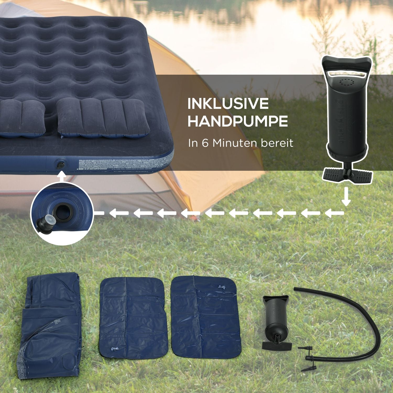 Dubbel Luftmadrass Med Handpump & Kudde, Blå, 203x152x22Cm