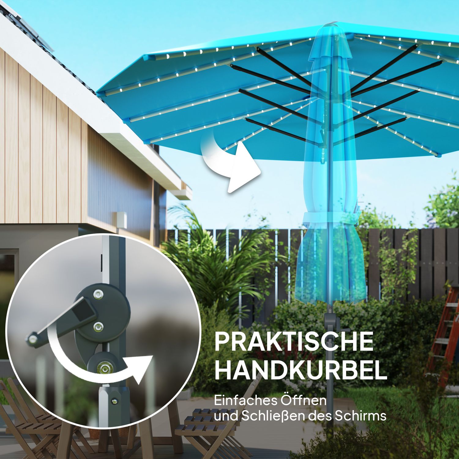 Dubbelt parasoll med solcellslysdioder, UV 50+ aluminium – blå